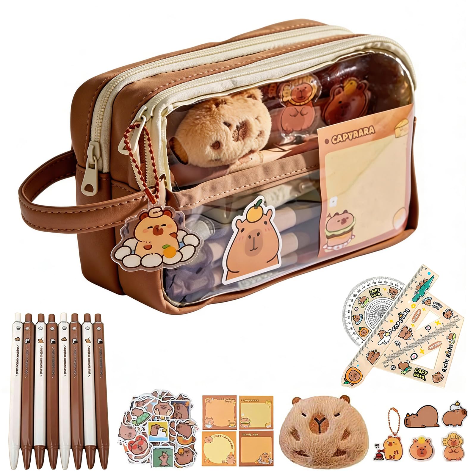 Trousse Capybara Kawaii Ensemble Papeterie avec Stylo Règle Autocollants Pins Porte-clés Blocs-Notes Grande Capacité Bureau École
