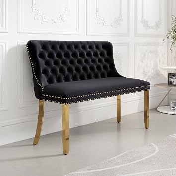 45.6" Velvet Dining Bench with High Back, 2-Seat Tufted Bench with Handmade Buttons and Stainless Steel Legs, High-Density Sponge Padding, Seats 2 People ComfortablyBlack&Gold