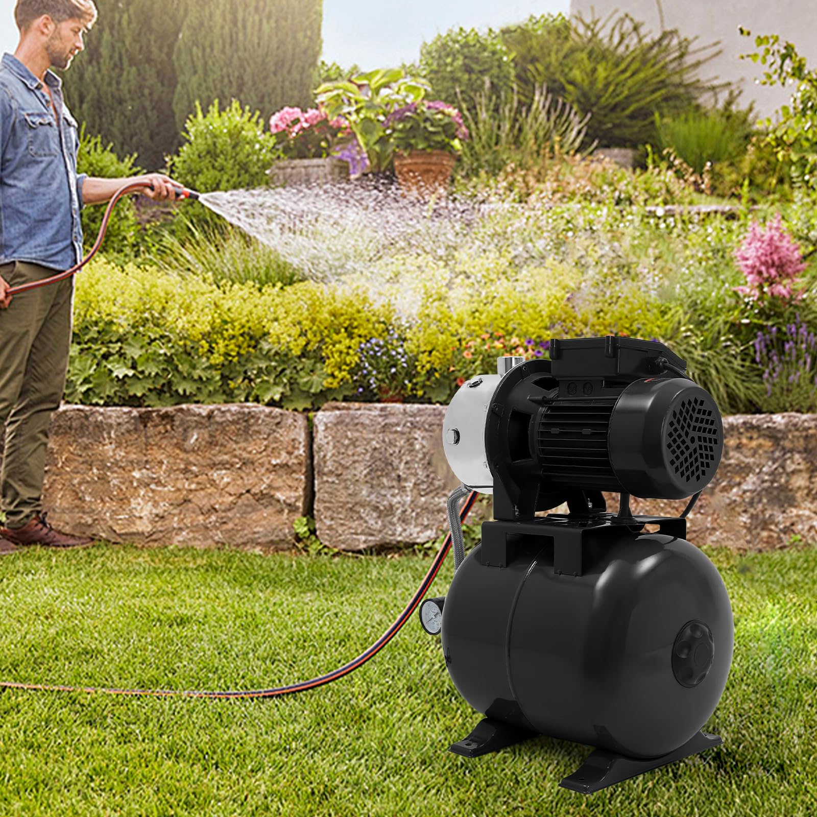 1HP Shallow Well Pump with Pressure Tank, Automatic Water Booster System Irrigation Jet Pump for Home, Garden, Lawn, Maximum Head 147.64FT, 110V (Black)