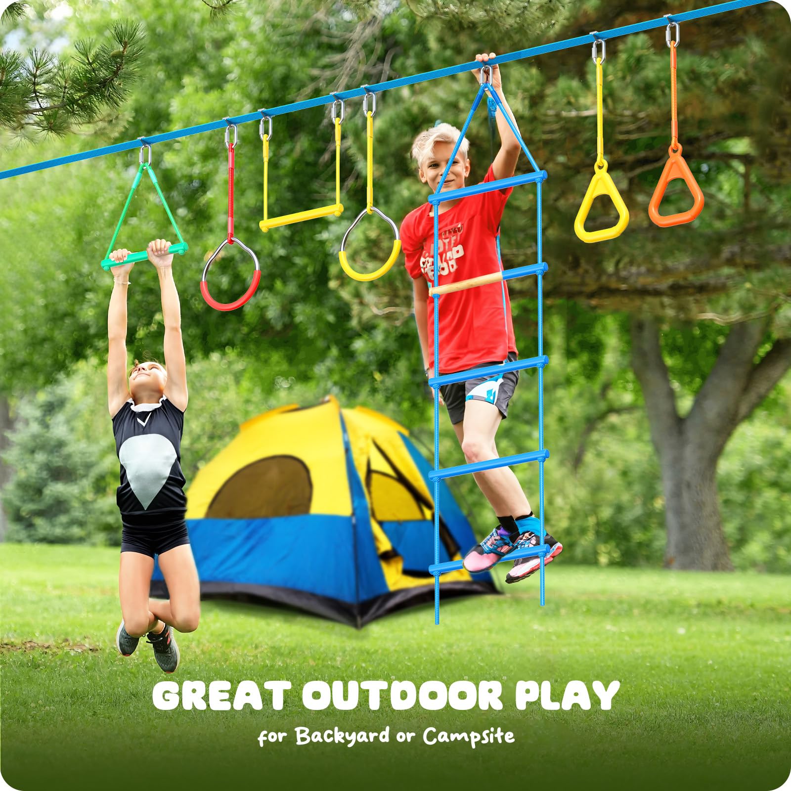 Hapfan Slackline, 15M Escalada Cuerda con Polea para Niños, Slackline Equipos Brazo de Entrenamiento de Gimnasi al Aire Libre (Color)