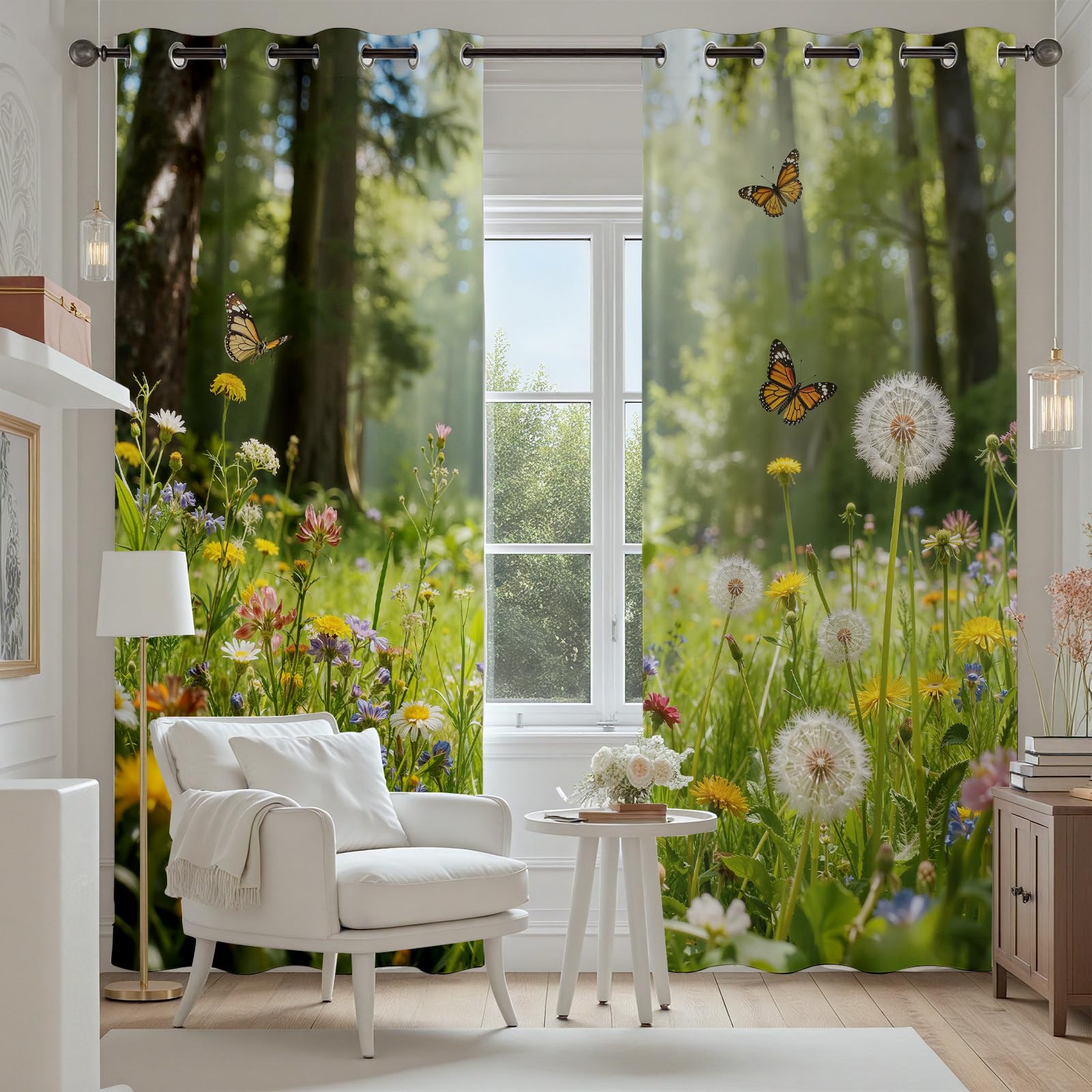 Blumenwiese Vorhang mit Ösen 2er Set, Bunt Wildblumen Schmetterling Gardinen Wohnzimmer 225x70 cm, Natur Pflanzen Floral Verdunkelungsvorhange Blickdicht Schlafzimmer Thermo Schallschutz Curtain