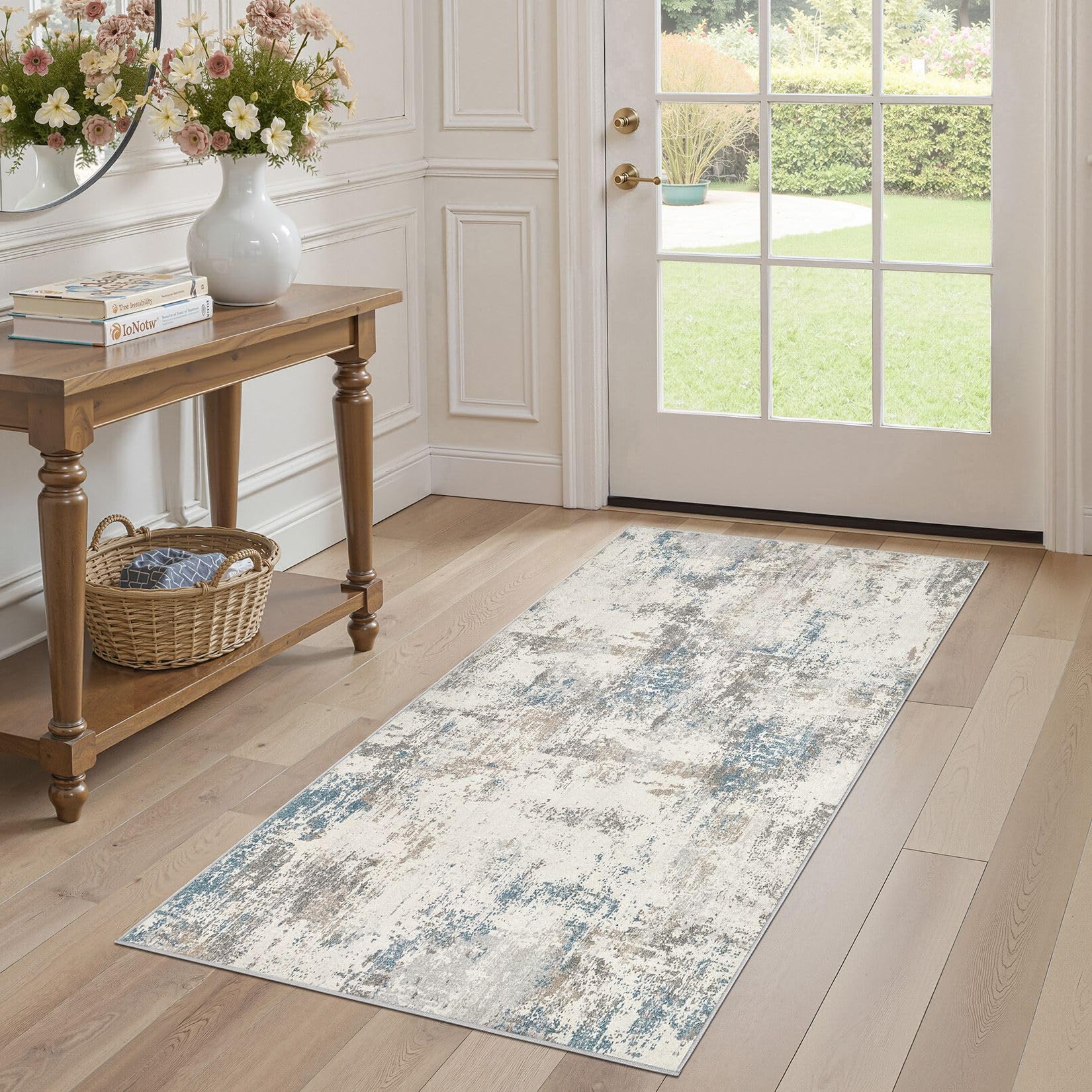 DMOYEST Wohnzimmer Teppich Modern Waschbar Kurzflor Anti-Rutsch Rückseite Weich, Farbe: Beige/Blau/Braun, Größe:80x150 cm Teppiche für Schlafzimmer Esszimmer Büro Bereich