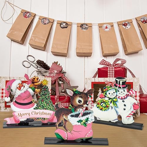 Miniatura 4 de BkeeCten 3 carteles de decoración de madera con temática de Navidad, estilo victoriano, Papá Noel, alce, muñeco de nieve, desmontable, decoración de