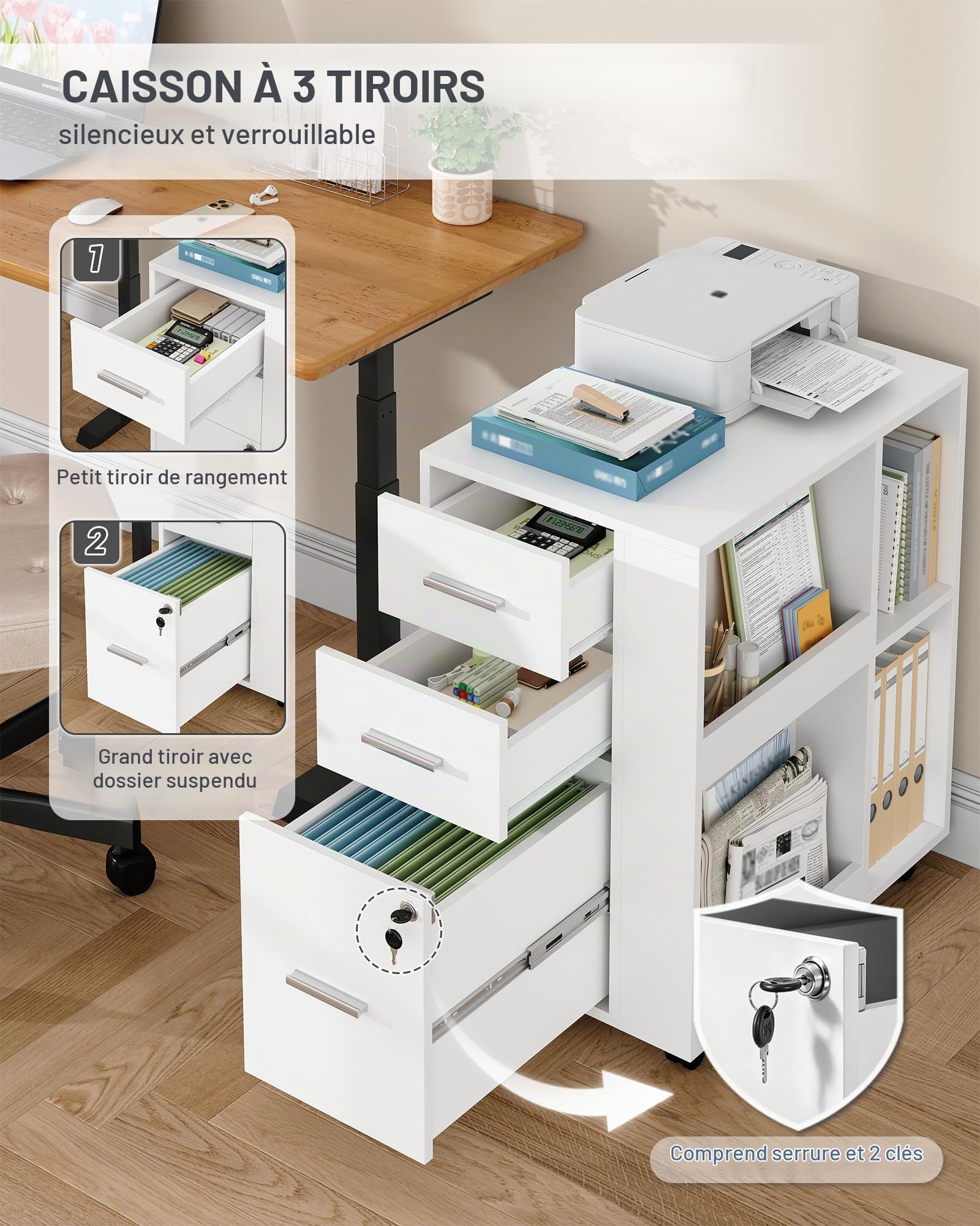 Hzuaneri Caisson Bureau 60 x 40 x 70cm 3 tiroirs Porte-revues Blanc