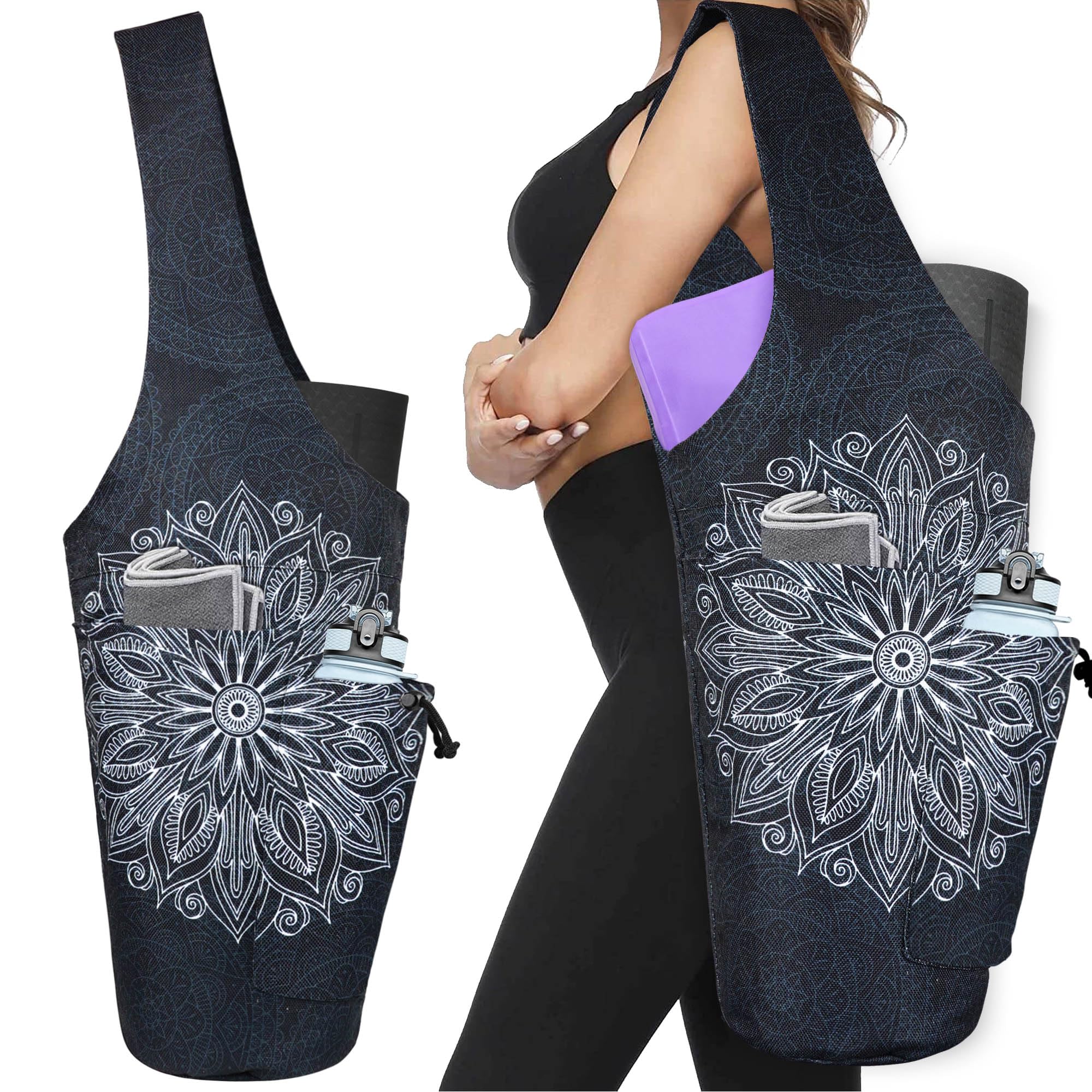 Yoga Mat Bag - Large Opening Long Tote Yoga Mat Carrier Holder Bag with Waterproof Wet Zipper Pocket and Drawstring Water Bottle Pocket - Yoga Bag Fit