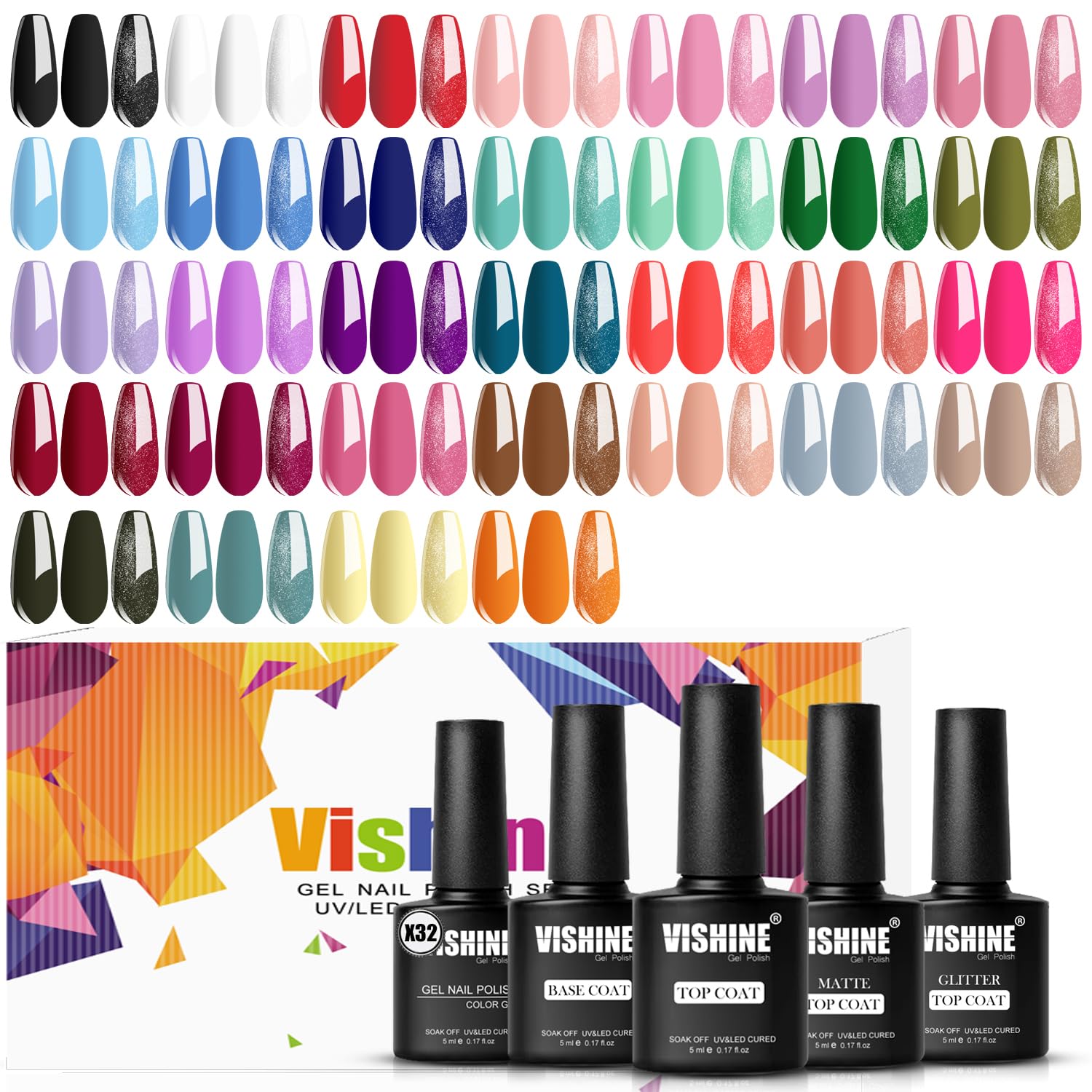 Vishine Set di Smalti Gel 36 Pezzi - Kit Smalti Gel 32 Colori con Base Coat, Top Coat Lucido, Opaco e Glitter, Collezione Verde Blu Rosso Rosa per Salone e Manicure DIY