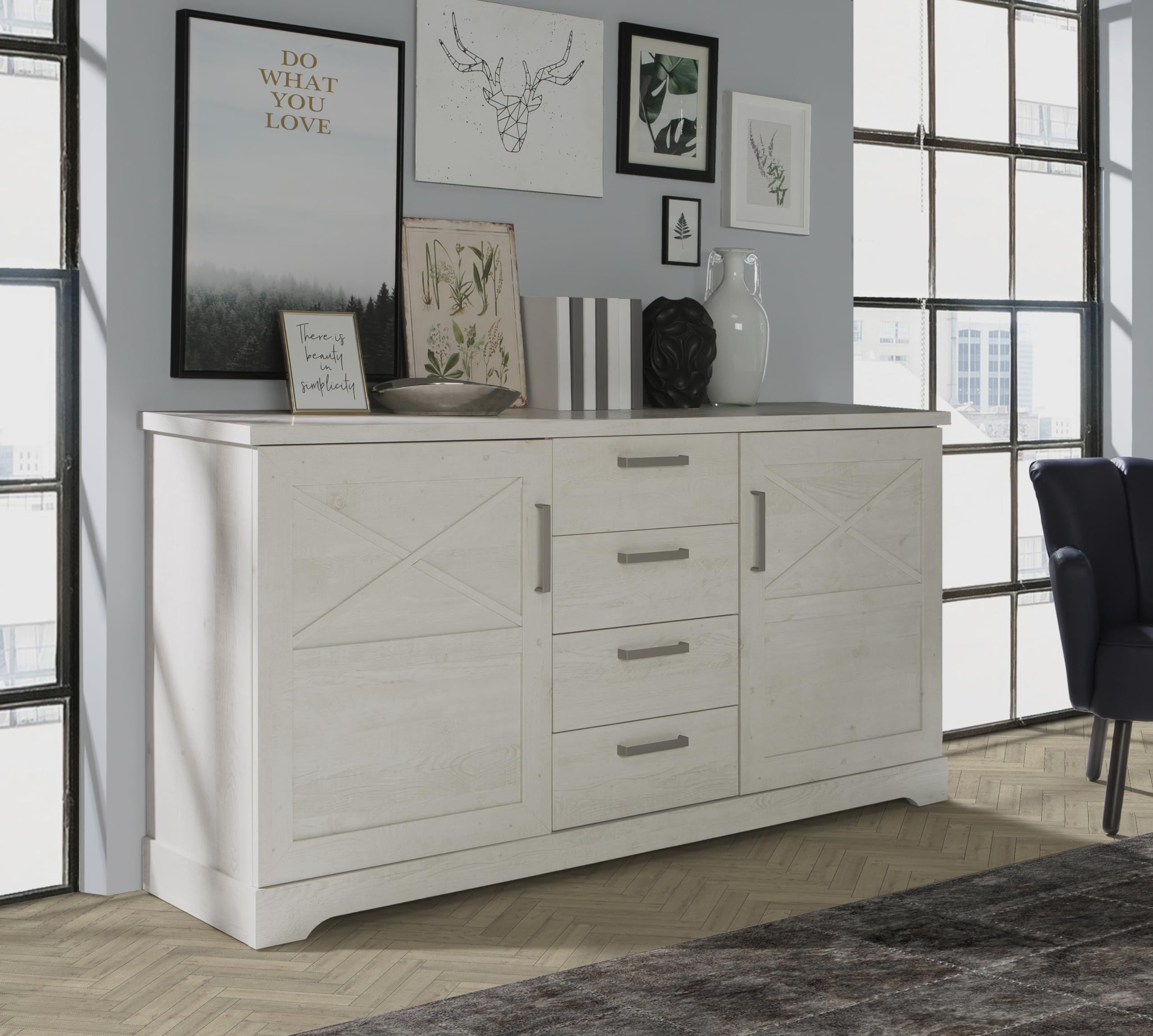 Forte ROCKHAMPTON Kommode 180 190, Kommode mit 2 Türen und 4 Schubladen, weißes Sideboard im Landhausstil, Holzwerkstoff, Pinie Weiß Holzdekor, 182,9 cm breit x 91 cm hoch x 42 cm tief Küche, Haushalt & Wohnen