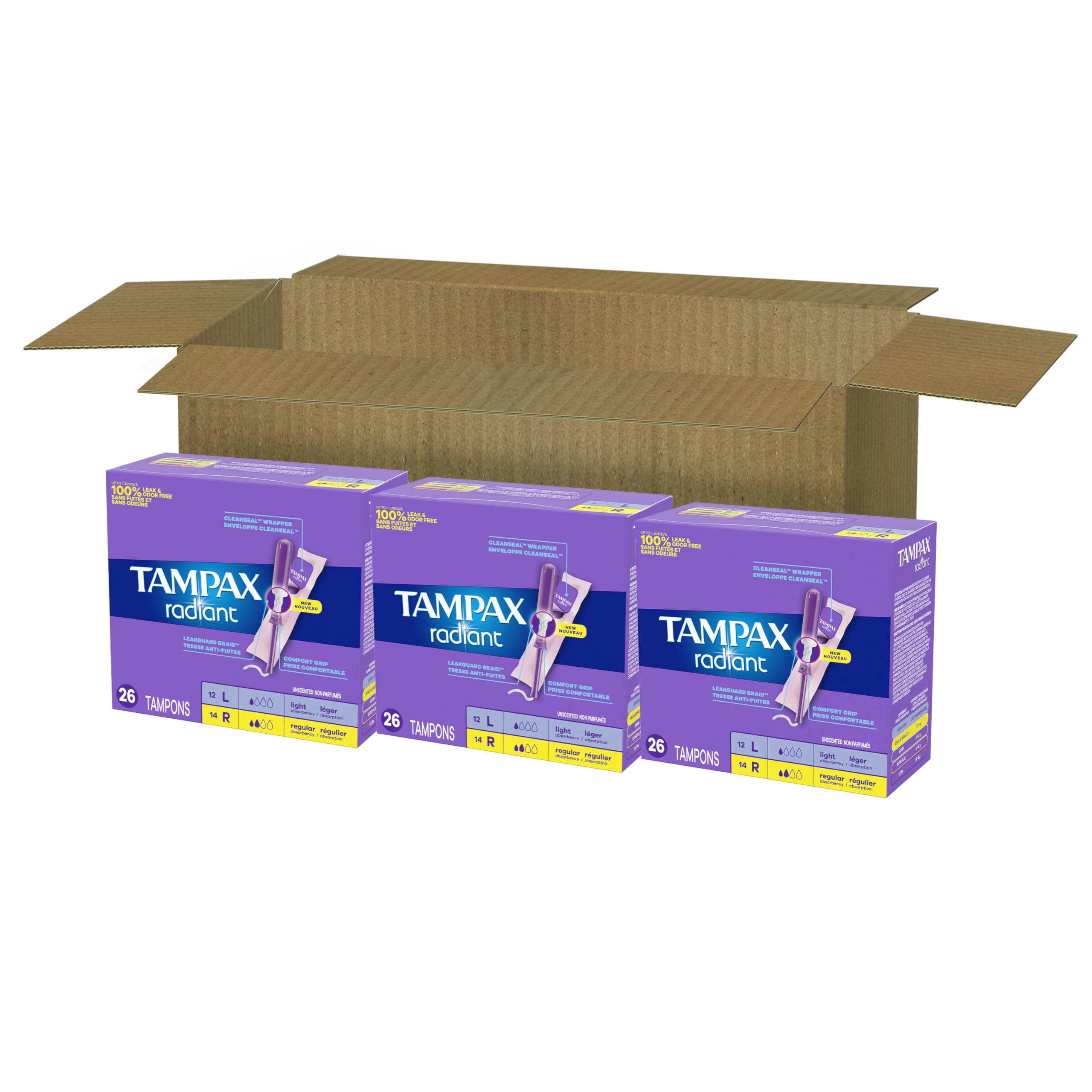 Tampax Radiant Tampons Multi Pack con treccia LeakGuard, assorbenza leggera/regolare, inodore, 26 pezzi x 3 confezioni (78 pezzi totali)