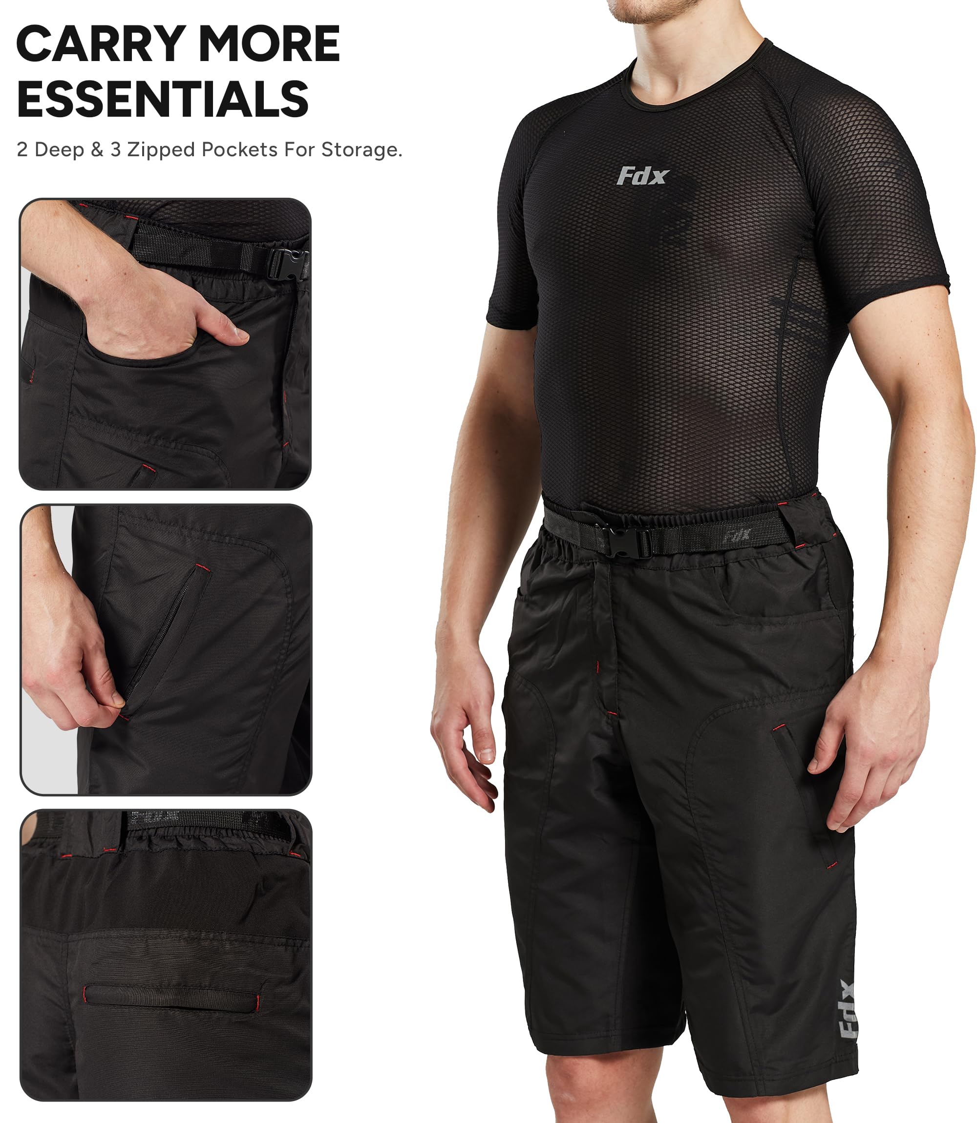 FDX Pantaloncini da mountain bike da uomo, leggeri, con fodera interna imbottita rimovibile, traspiranti, ad asciugatura rapida, con tasche cargo, per allenamento sportivo