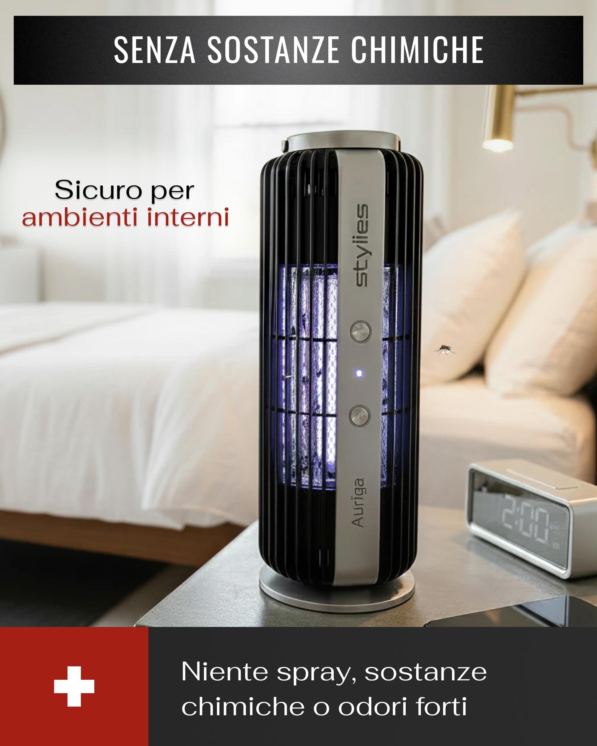 Auriga Lampada Antizanzare Elettrica con Elettroshock e Aspirazione | 8 W con sensore di luce automatico, per interni fino a 60 m²; da appoggio, parete o sospesa, con vaschetta removibile.