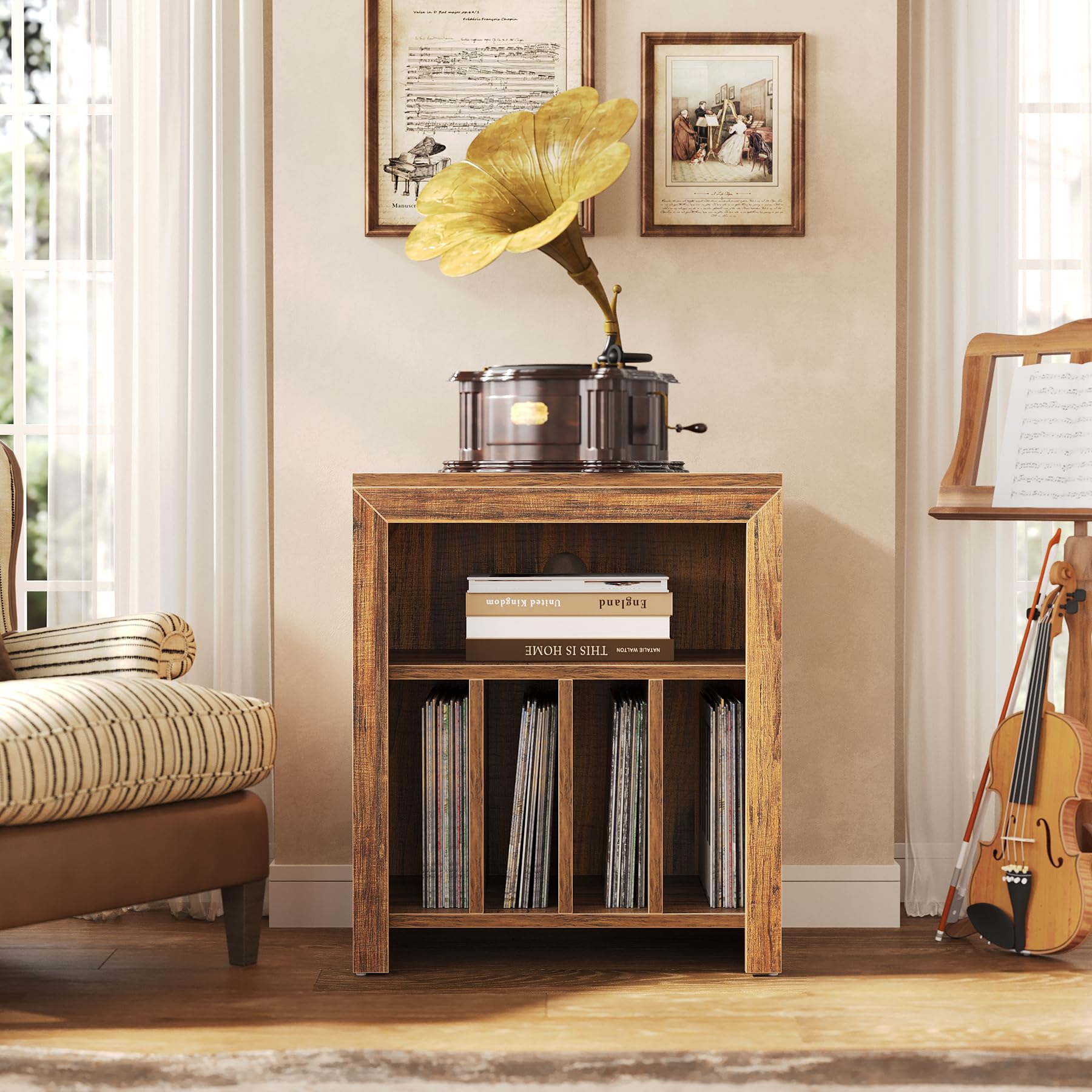 Tribesigns Support pour Tourne-Disque, 60 x 40 x 70 cm, Peut contenir jusqu'à 160 Albums, Support de Rangement en Vinyle Mid-Century avec Pieds en Bois, Marron Rustique
