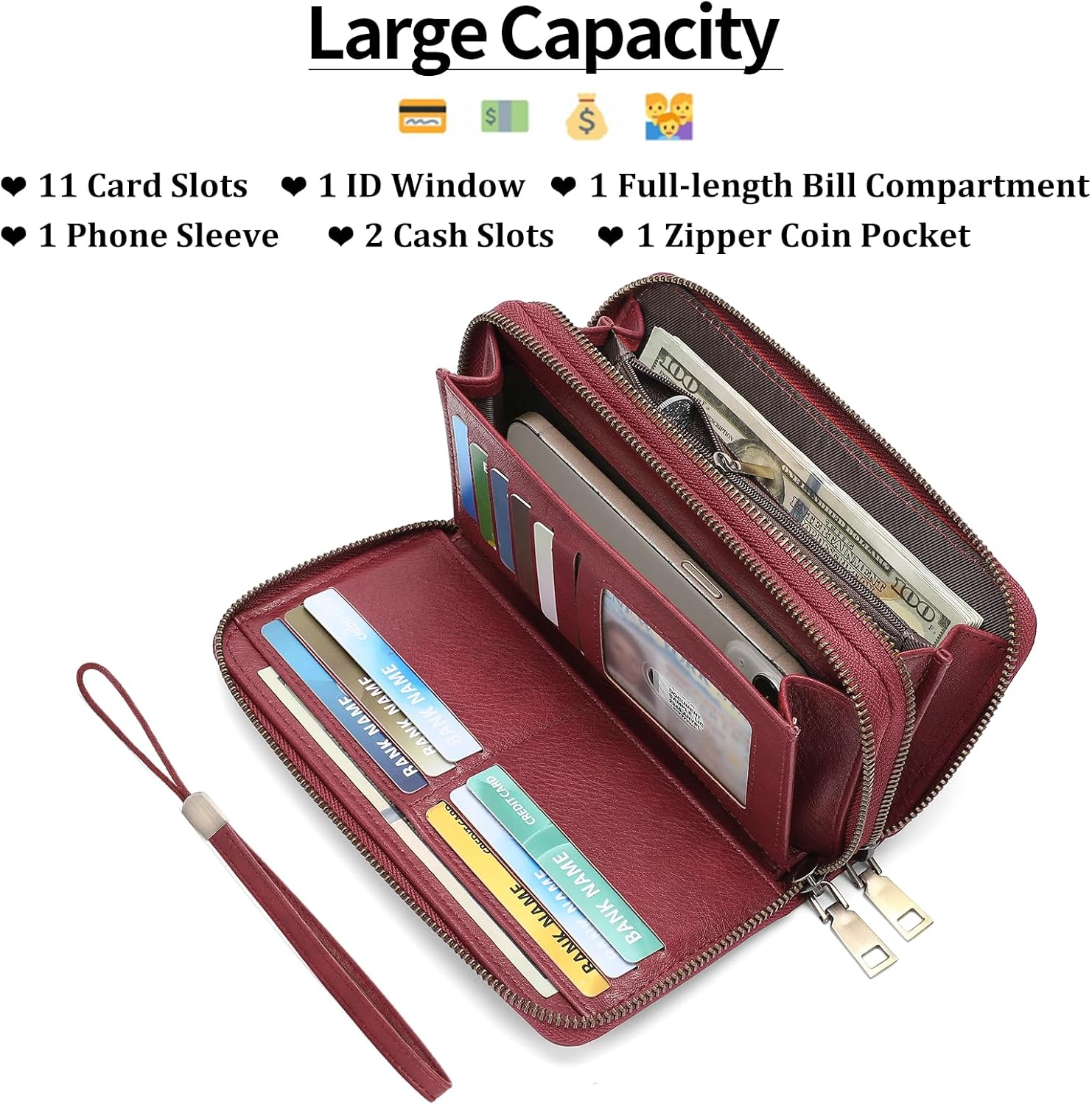 GOIACII Wallets for Women RFID Blocking Double Zip Around Leather Wallet Wristlet Large Capacity Credit Card Holder Red