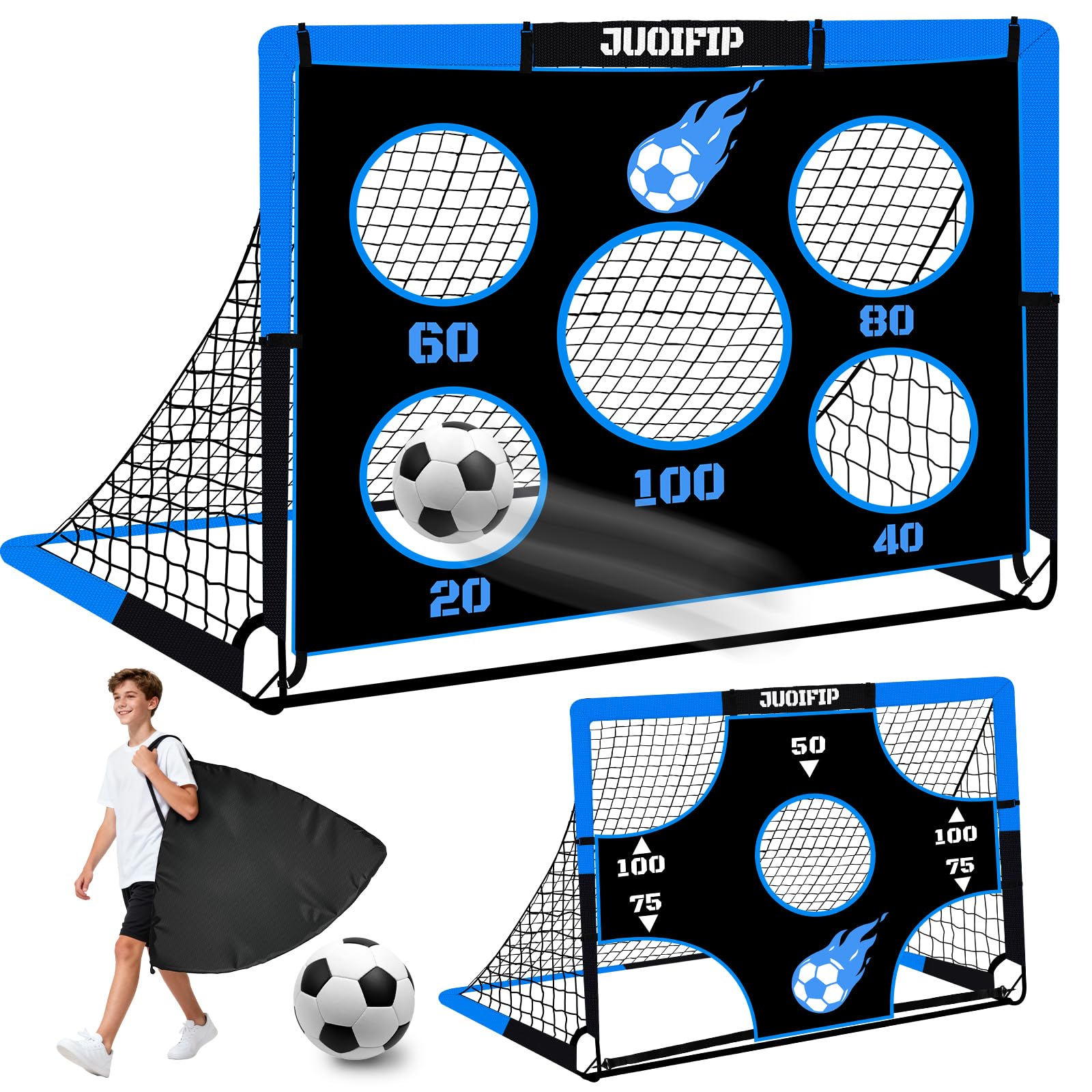 NZQXJXZ But de Football 3-en-1 pour Enfants, Filet de Football 150 x 120 cm, poteaux de But pour Jardin avec 2 Tissus interchangeables et Un Ballon, Sac de Transport, Montage Facile et Pliable adapté
