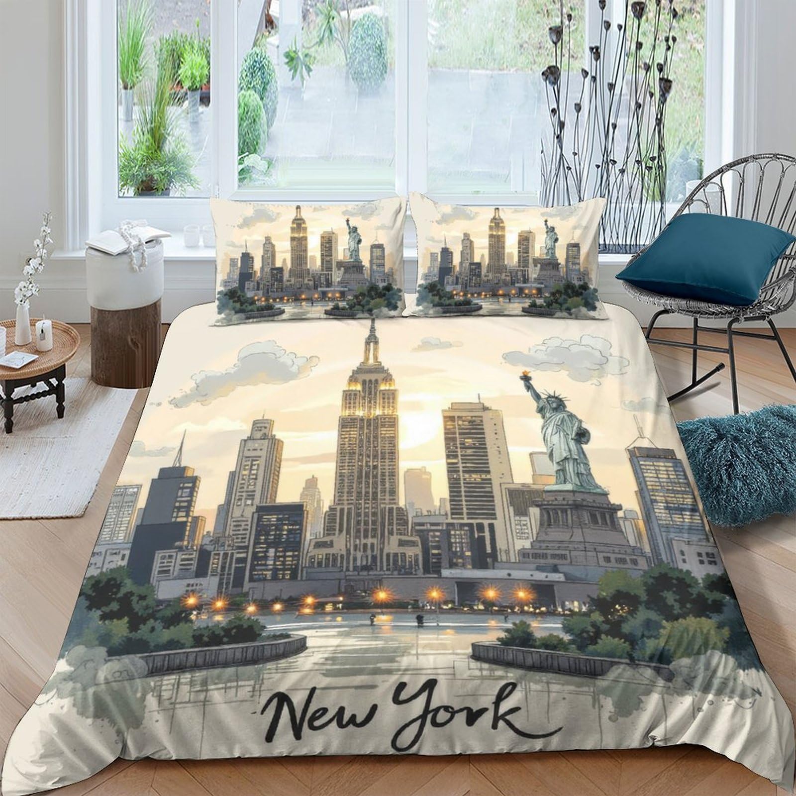 Ctjqhvkz Style-1 3D Printed New York Skyline Fitted Sheet Microfiber Soft Urban Statue Of Liberty Bed Cover For Bedroom Home Decor Single（135X200cm）