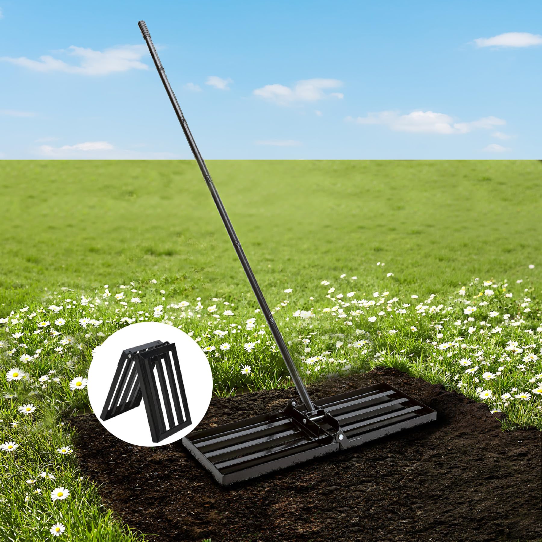 Warmiehomy Rastrillo nivelador de césped, rastrillo de jardín resistente con placa plegable de 76 x 25 cm y mango ajustable de 213 cm, rastrillo nivelador de césped para jardinería, suelo, césped de