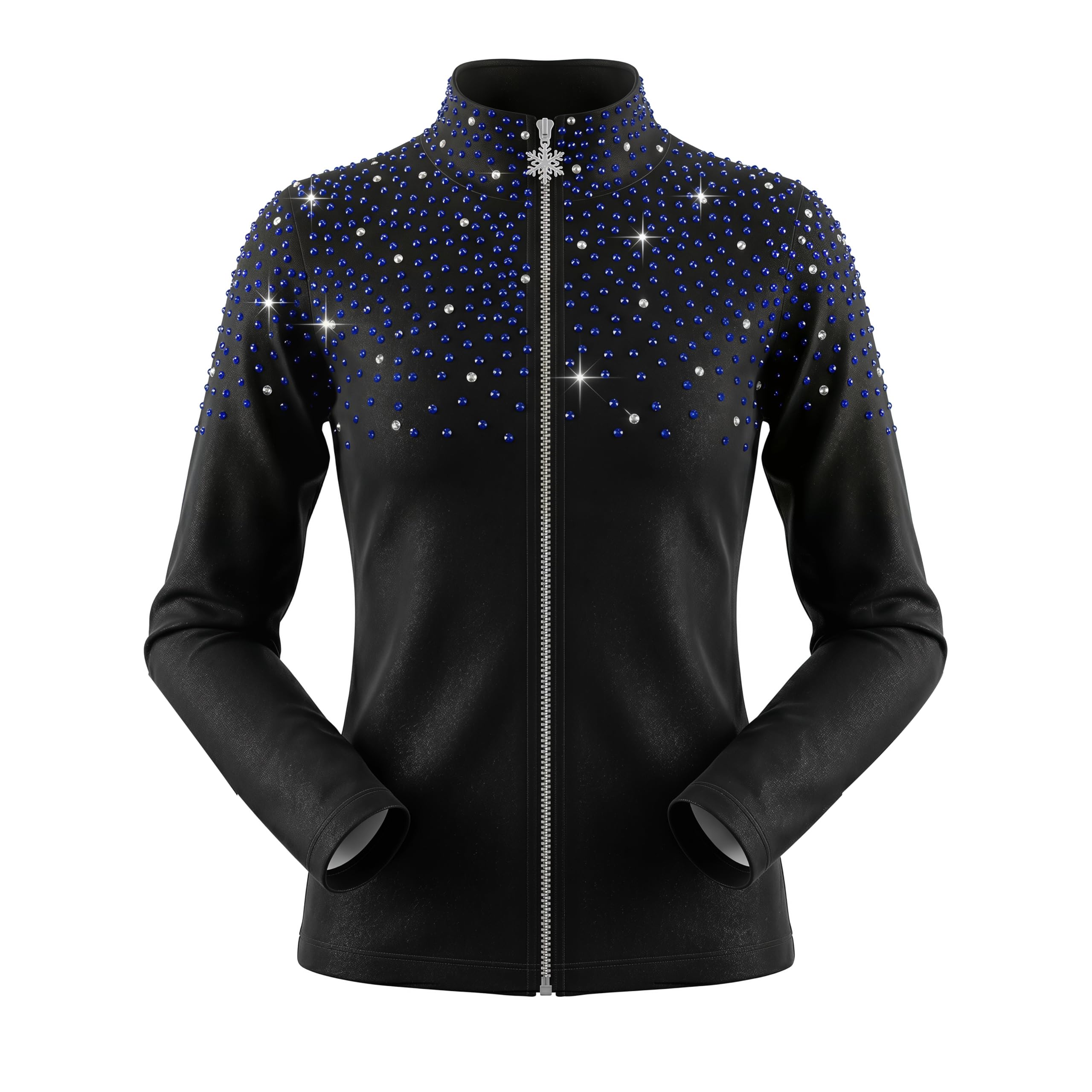 Chaqueta de entrenamiento negra para patinaje sobre hielo para niña con diamantes de imitación azules y ropa de entrenamiento de patinaje elegante y cálida de felpa