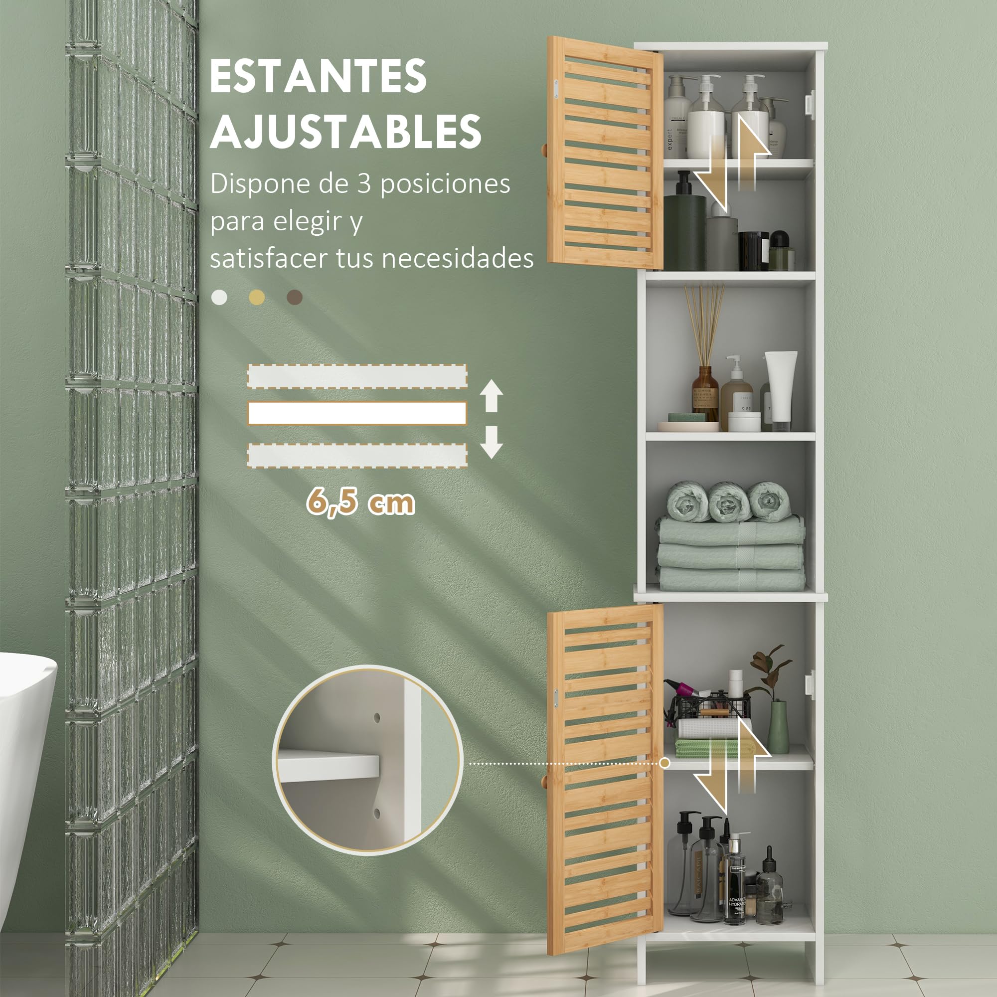HOMCOM Columna de Baño Moderna Armario Alto de Baño con Estantes Ajustable y Puerta de Bambú Anti-vuelco 35x30x170 cm Blanco y Natural