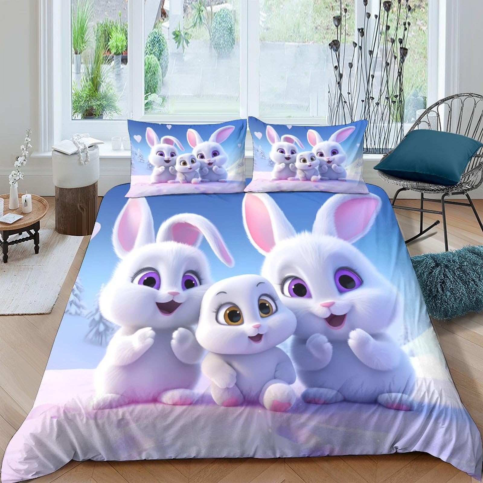 Ctjqhvkz Style-4 3D Printed Cute Bunny Fitted Sheet Microfiber Soft Pink Blue Cartoon Rabbit Bed Cover For Bedroom Guest Room Decor Single（135X200cm）