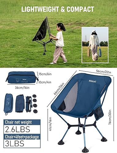 Miniatura 3 de WildCall Silla de camping plegable ligera con marco de configuración rápida, silla de playa compacta para mochileros con pies antideslizantes