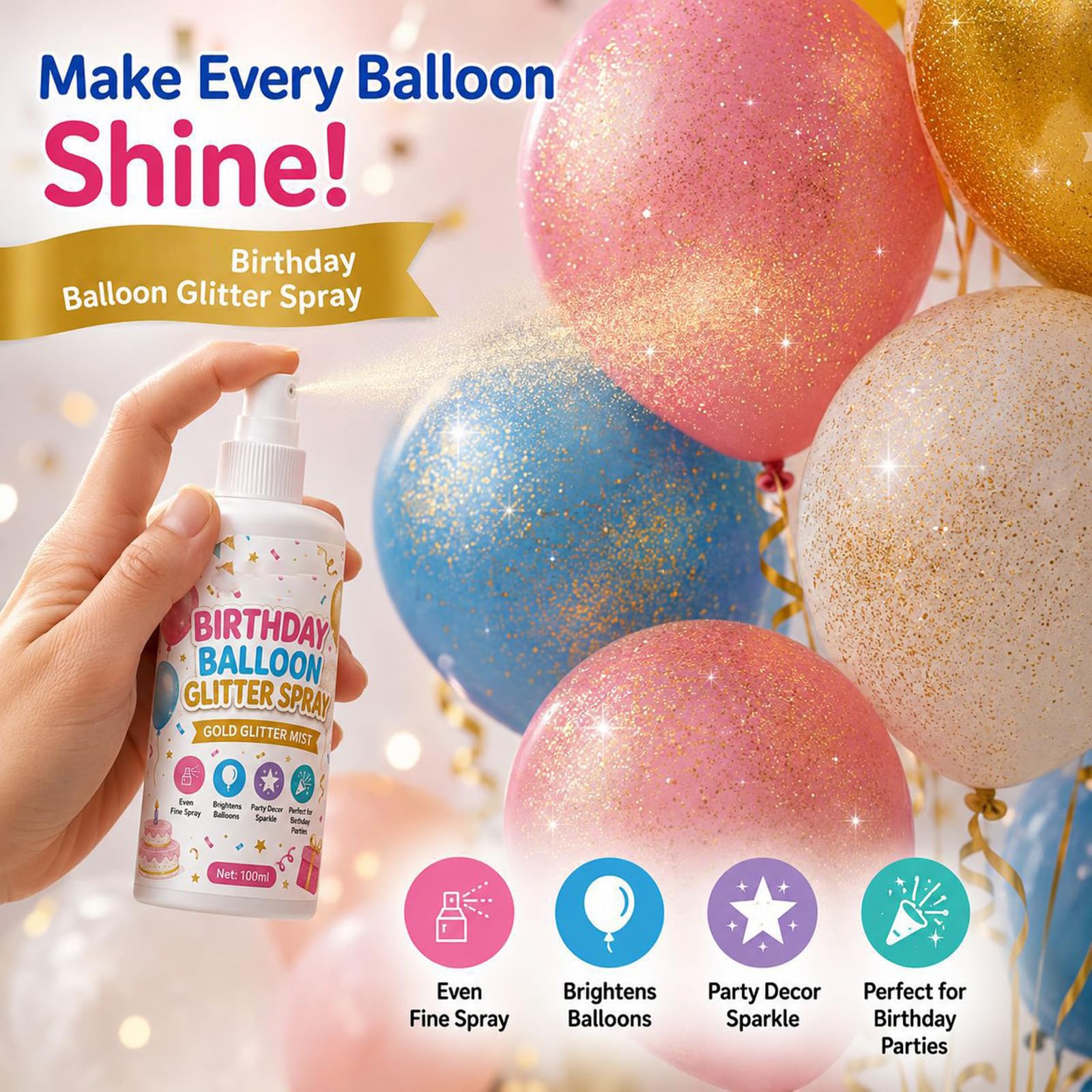 Spray glitter oro per palloncini con polvere scintillante lucida, nebbia scintillante istantanea con brillantini dorati per decorazioni per feste, spray brillante fine per palloncini (6pcs)