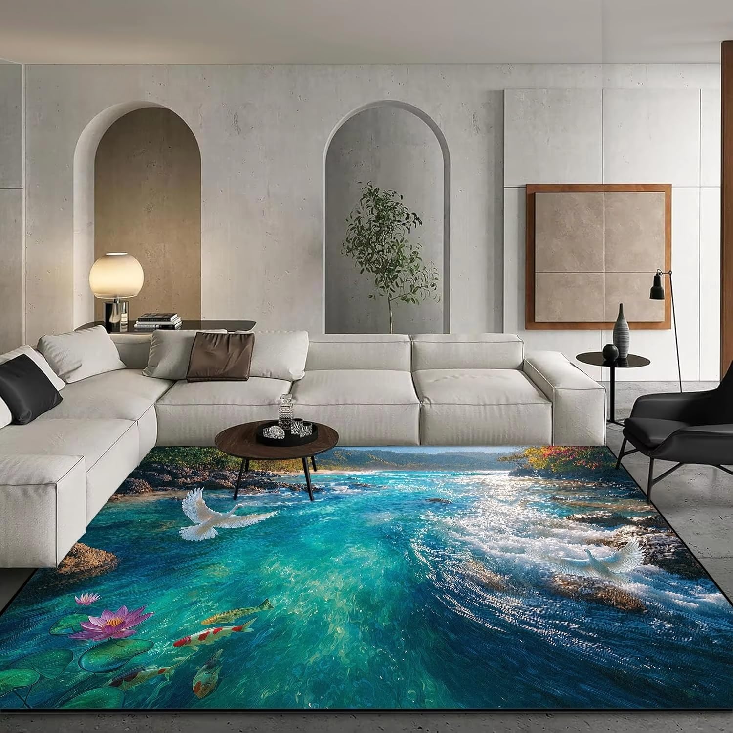 Tapis Style Côtier Motifs Ocean 3D Paysage Mer Égée Vagues Plage Moquette de Sol Antidérapant Doux Lavable Salon Chambre Décoration Intérieure Tapis Moderne (Couleur 6,160x230cm)