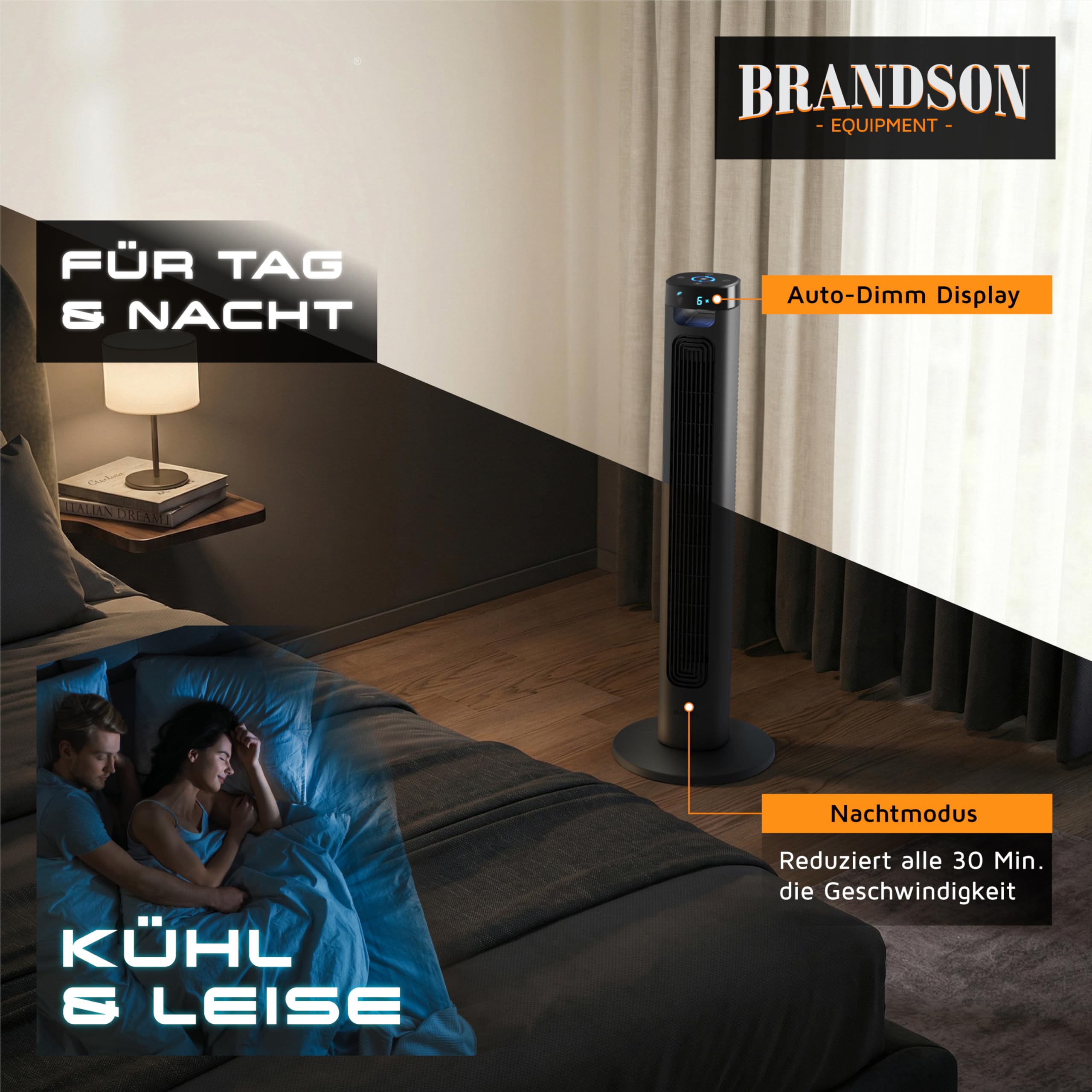 Brandson - Turmventilator mit Fernbedienung - Sieger Ventilatoren und Luftkühler 2026 - sehr leise - LED Display – 3 Geschwindigkeitsstufen 3 Modi – Oszillation - Standventilator Ventilator Kühlung