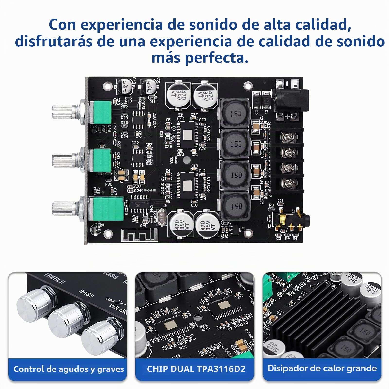 ZK-1002T - Tarjeta de amplificador Bluetooth 5.0 2.0 200W HiFi subwoofer con control de agudos y graves entradas BT y AUX, DC 9-24V 2.0 Channel Stereo AMP Module para altavoces DIY,