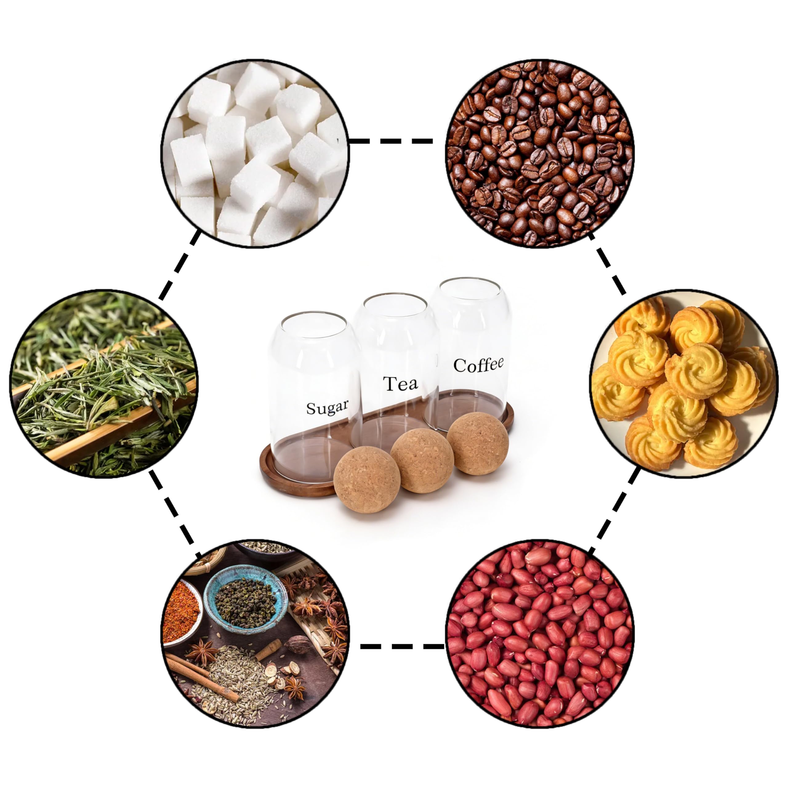 Set di 3 barattoli da caffè da 500 ml, contiene contenitori per caffè, tè e zuccheriera, contenitore in vetro per chicchi di caffè con coperchio in sughero e vassoio in legno, per caffè, tè