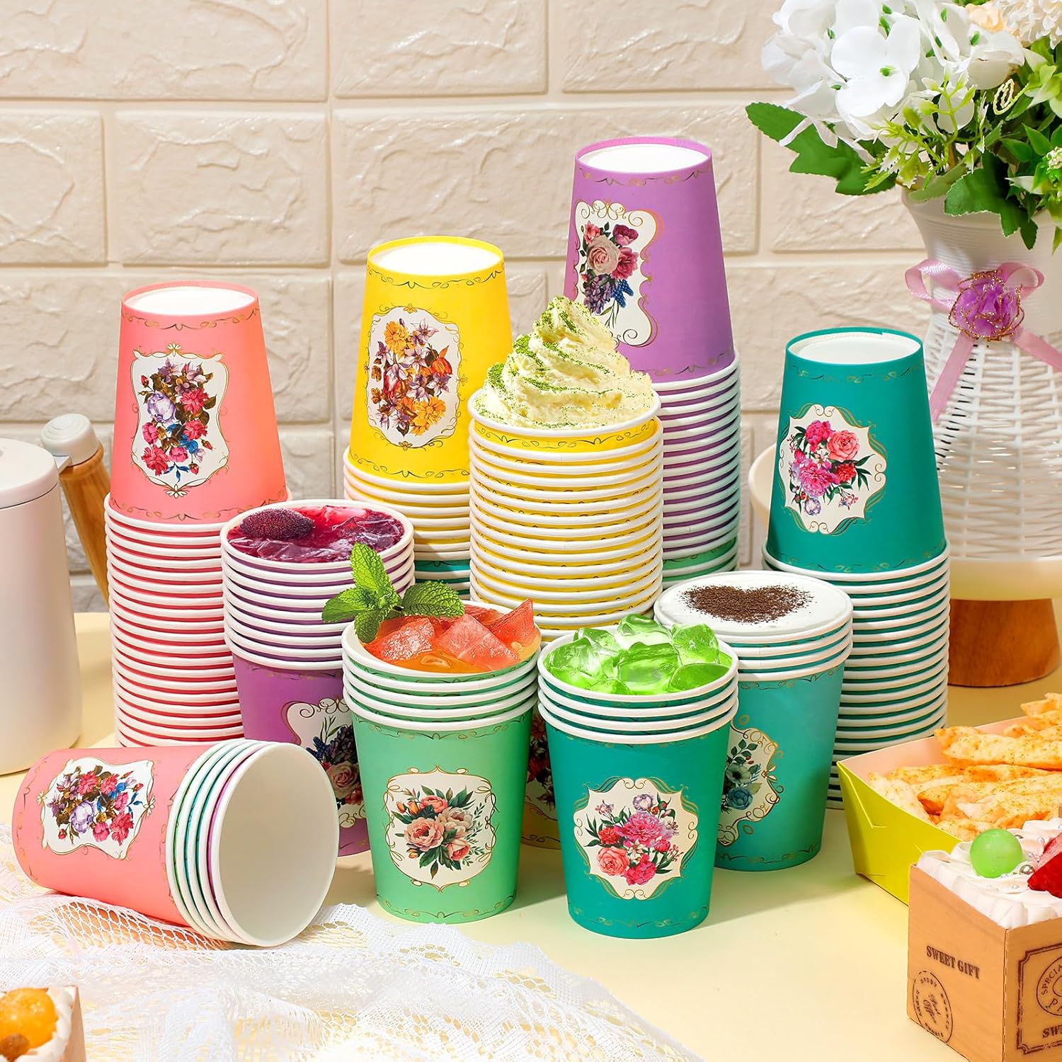 Patelai 150 Pieces Tea Party Vintage Cups Floral Paper Cups