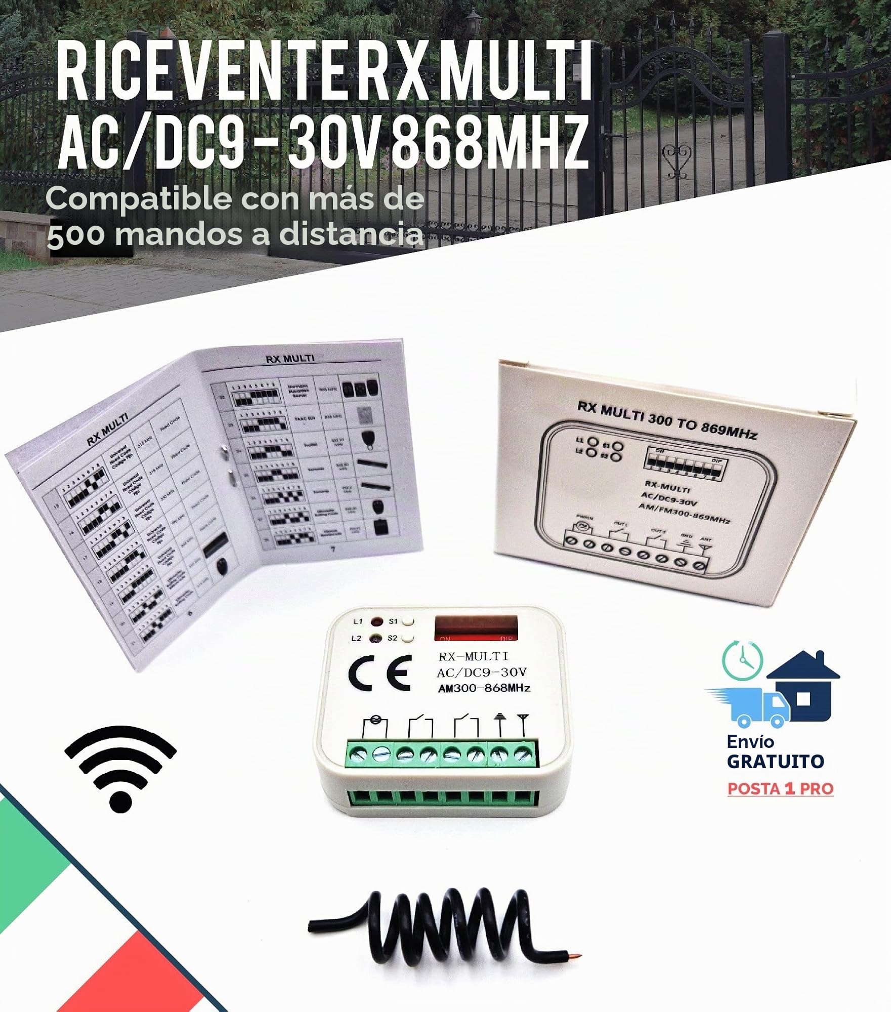 Receptor de centralina de radio universal con mando a distancia multimarca para puerta de garaje automática de 2 canales fijo y código Rolling 9/30V 433 868 MHz AC/DC