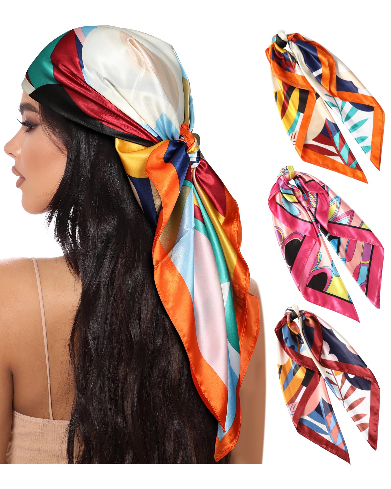 AWAYTR 35” Large Square Satin Head Scarf - 3Pcs Hair Scarves Silk Bandana Headscarf Silk Feeling Scarf for Women