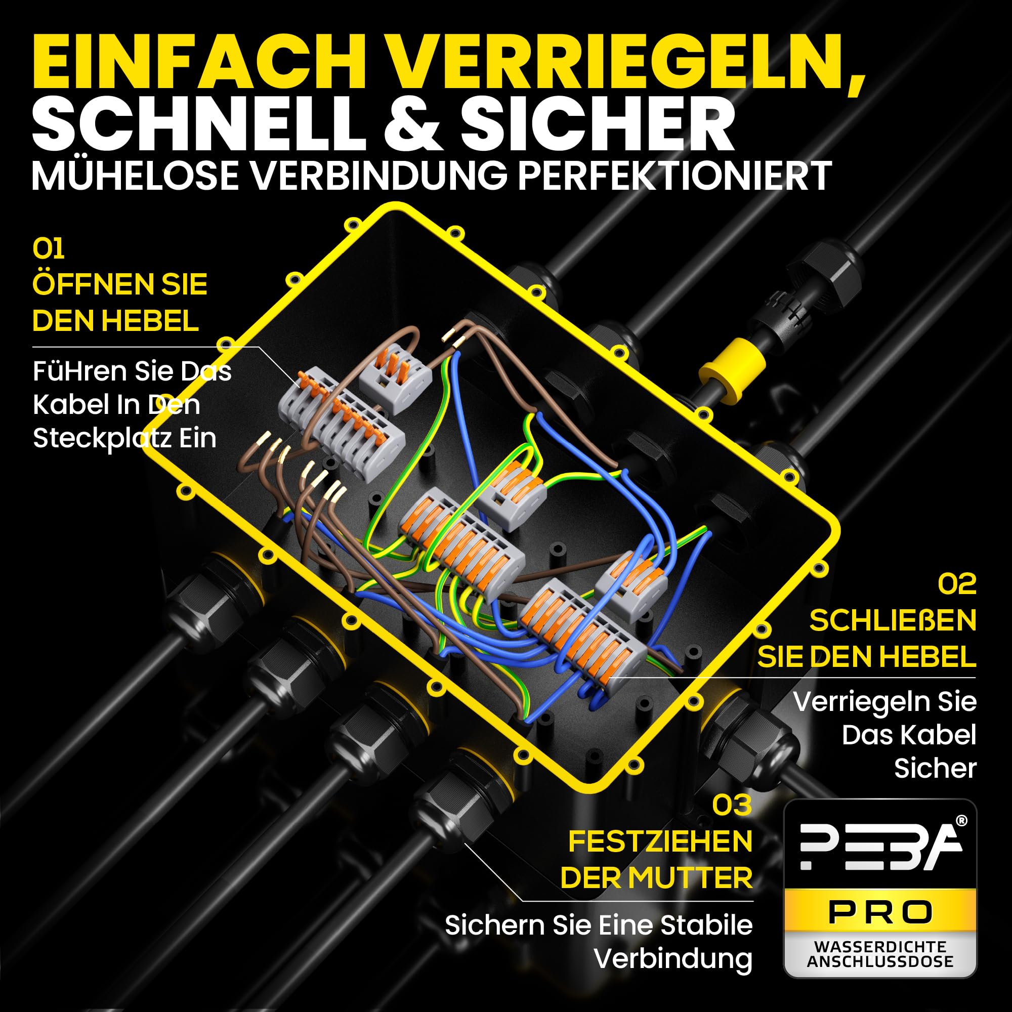 PEBA Abzweigdose IP68, Erdkabel Klemmdose Verbindungsdose, Übergroße 9 Wege Junction Box, Klemmkasten, Wasserdichte Kabelverbinder, Aufputz Verteilerdose Außen Wasserdicht, für 4-14 mm Kabel, Schwarz
