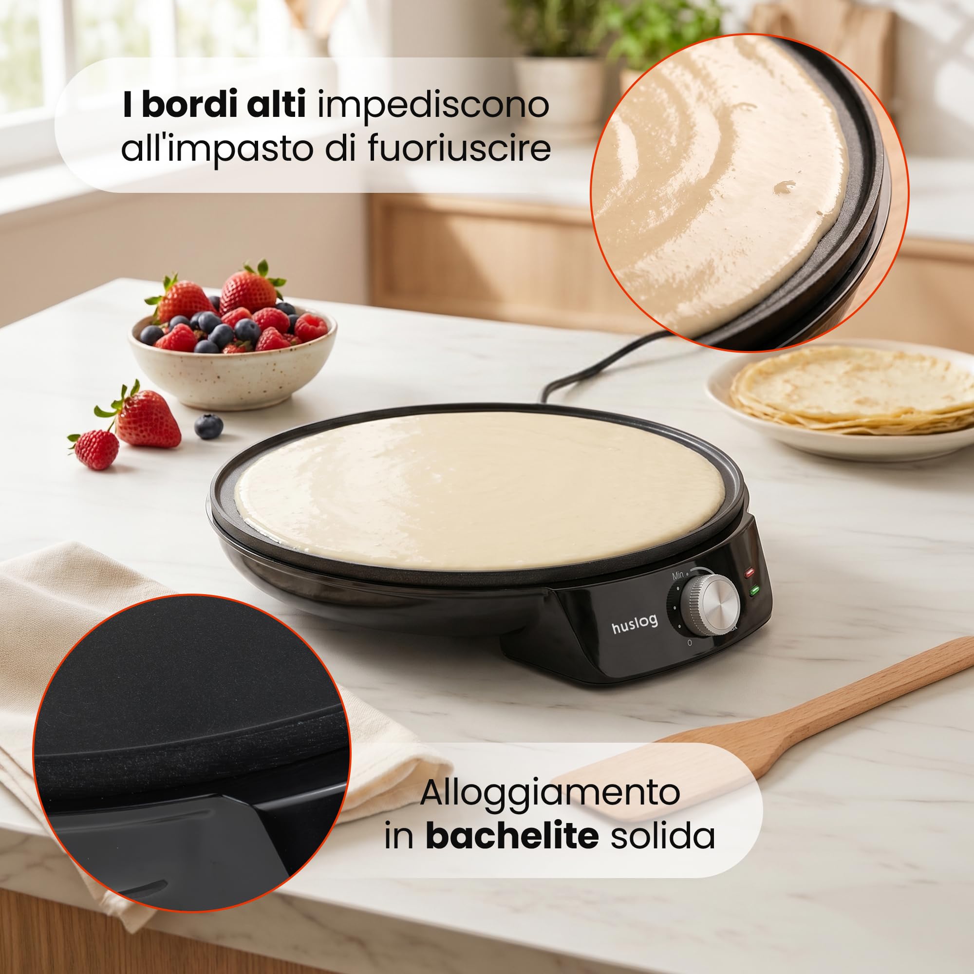 Crepiera Elettrica 1200W, Ø29 cm, Temperatura Regolabile, Piastra Antiaderente con Bordo Rialzato, con Spargitore e Spatola in Legno, per Crêpes, Pancake, Tortilla, Tacos, Nero