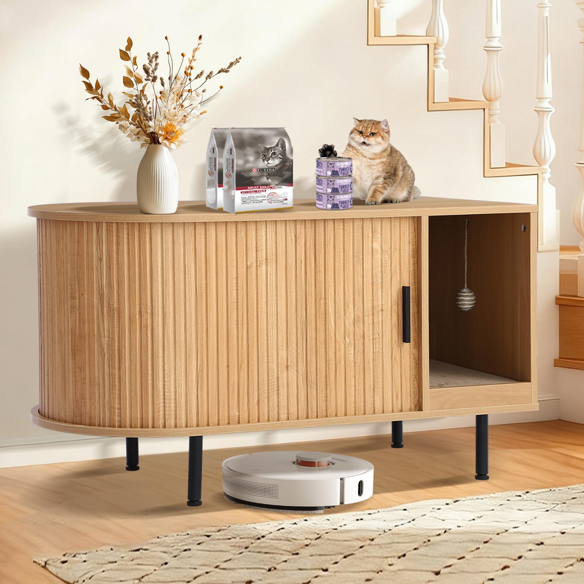 Cat Litter Box Enclosure with Sliding Door, Fluted Hidden Cat Litter Box Furniture w/Scratching Pad, Sisal Ball, Large dog Proof Indoor Cat House Cabinet Side End Table for Living Room, Natural