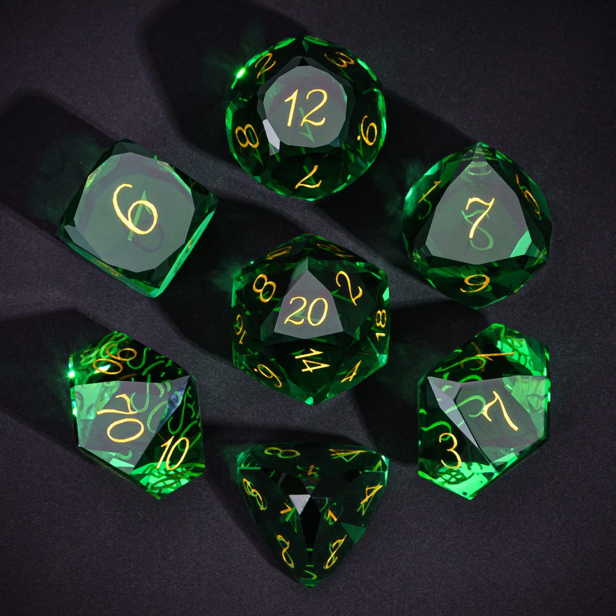 UDIXI 7-Piece Green Glass DND Dice Set, MultiFaceted Diamond-Cut Glass D&D Dice for RPG Tabletop Games