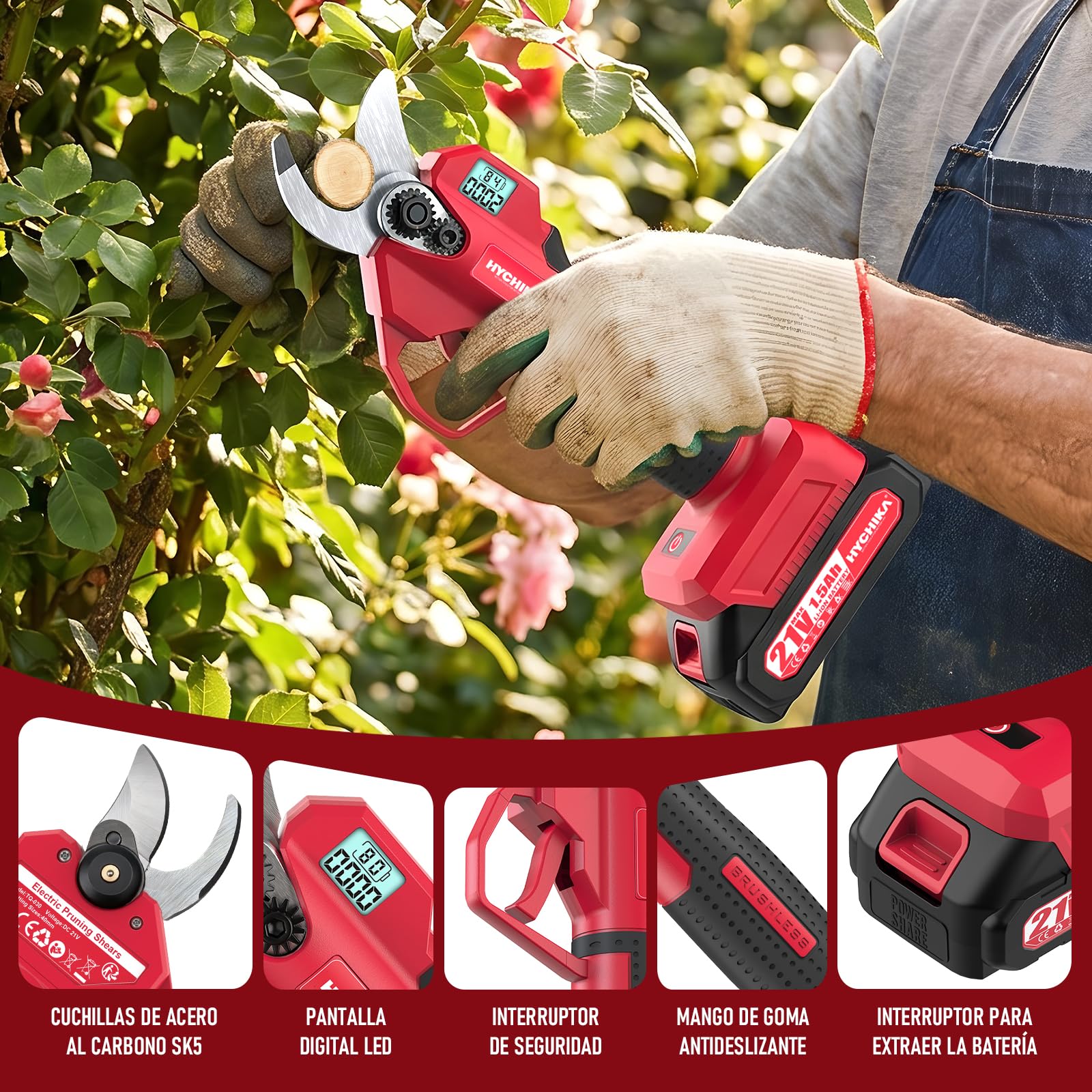 HYCHIKA tijeras de podar electricas 21 V, Cortar hasta 30 mm para Árboles | Tijeras de podar con cuchillas SK5 y pantalla LCD. Incluye 2 baterías de 1.5Ah, ideal para el cuidado de setos