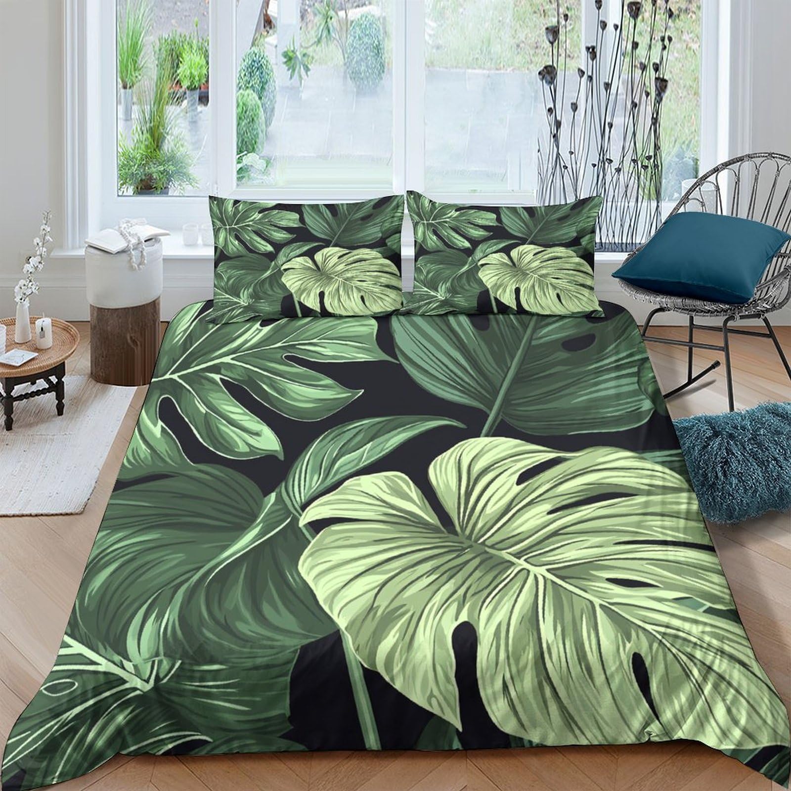 GPLZQXKJNH 3D Printed Tropical Leaf Duvet Cover Microfiber Soft Breathable Monstera Bedding Set with 2 Pillowcases for Bedroom Decor Single（135x200cm）