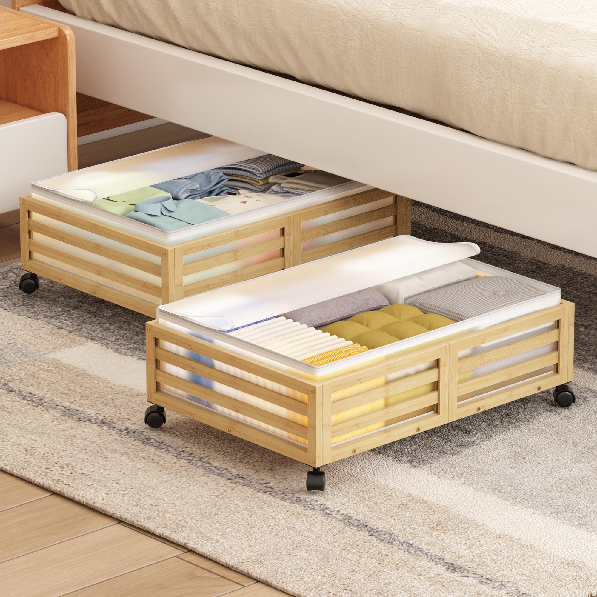 Under Bed Storage Containers - Bamboo Underbed Storage with Dust Bags, Under Bed Storage with Wheels, Stackable Under Bed Shoe Drawer Storage for Clothes Blankets Bedding Toys - 2 PCS Natural