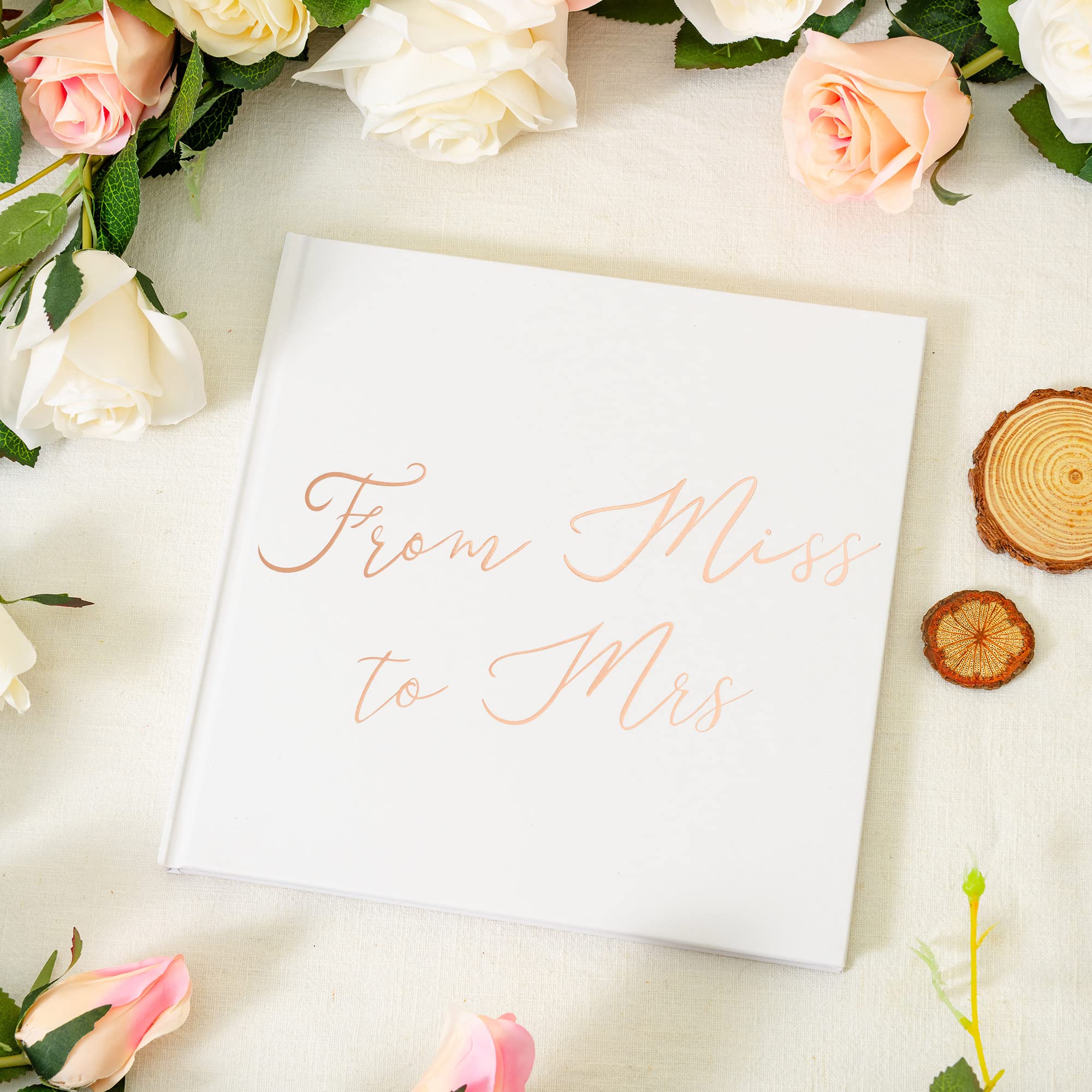 Calculs 'From Miss to Mrs Picture Book for Instax Film, Polaroid Bridal Shower Księga gości Puste strony Bride to Be Scrapbook, 21,5 cm, kwadratowa, biała okładka, różowe złoto