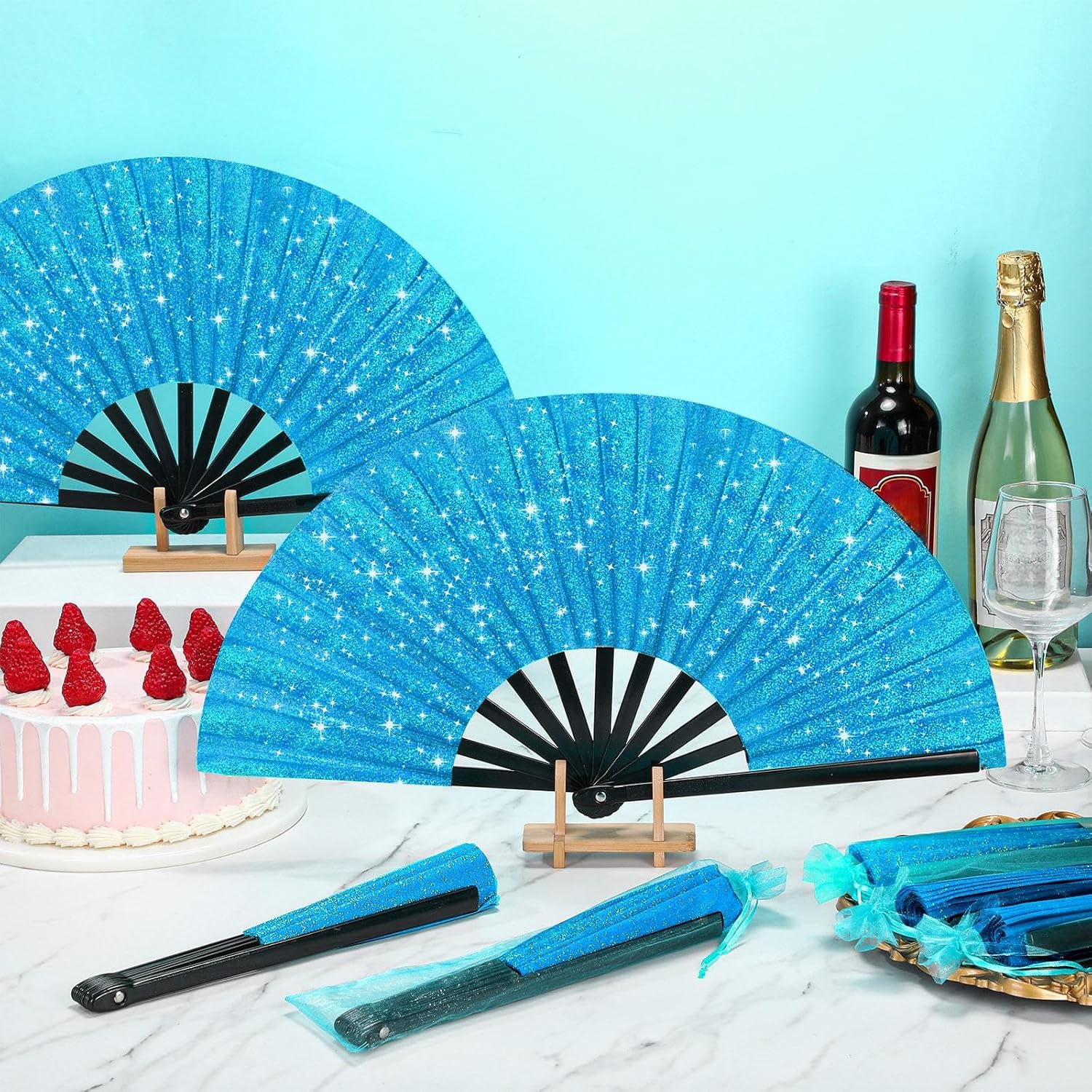 Vercraft 24 Pcs Large Folding Hand Fans for Line Dancing, Fan with Bag Clapping Popping Raves Fans Bulk for Wedding Edm Club Party Decoration(Blue)