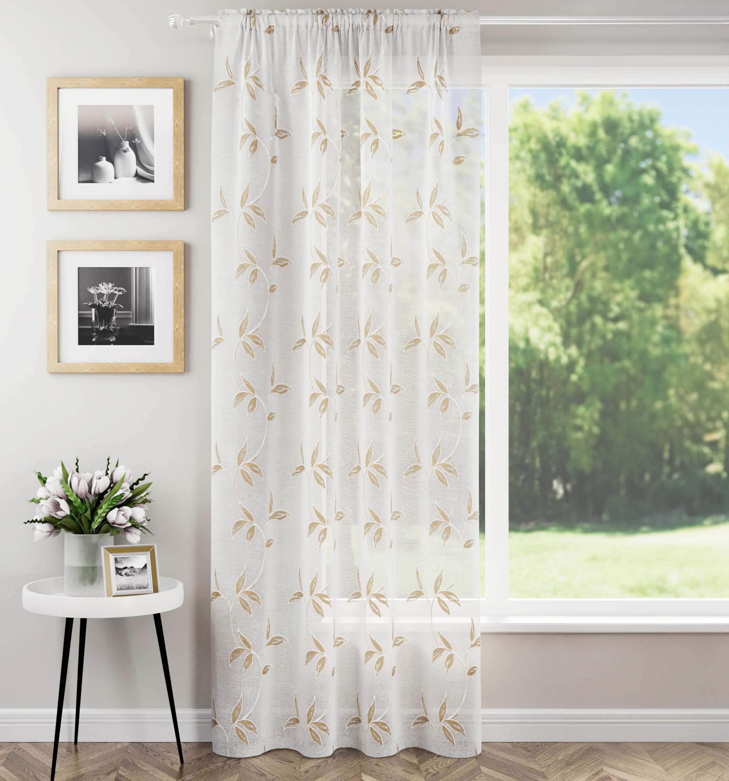 Tyrone Textiles Oasis Natural Voile Curtain 55 x 90 Inch (140 x 229cm) Rod Pocket Embroidered Leaf Design Single Voile Panel Sheer Curtains for Bedroom, Living Room & Patio Door