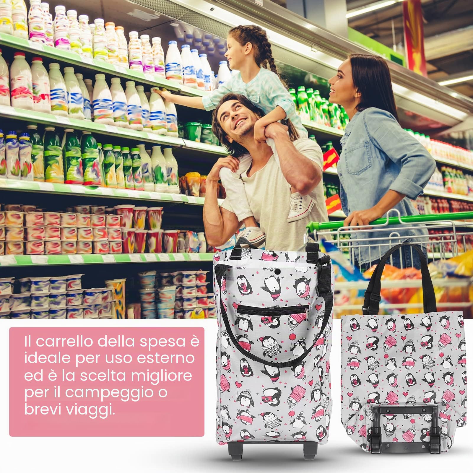 Borsa per la Spesa Pieghevole con Ruote,Borsa Pieghevole Trolley per la casa, Borsa per la Spesa per Anziani, Negozio di Alimentari, Carrello della Spesa Pieghevole