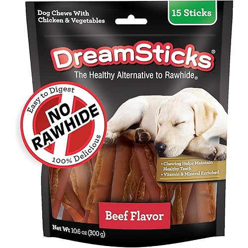 DreamBone DreamSticks, Rawhide Free Dog Chew Sticks Made with Real Beef and Vegetables, 15 Sticks