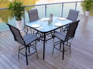 Pebble Lane Living Indoor/Outdoor 5 Piece Steel Patio Bar Dining Set, 1 Tempered Glass Top Bar Dining Table & 4 Swivel Bar Stools, Black/Grey - coolthings.us