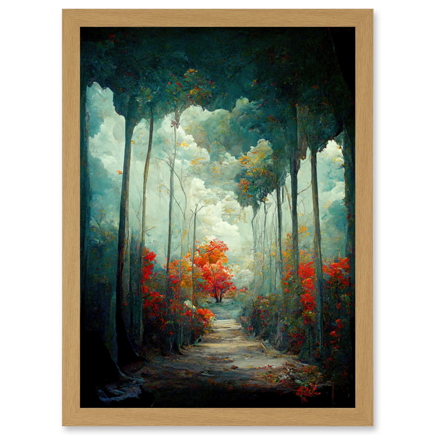 Doppelganger33 LTD Autumn Forest Path Landscape Scene Painting Artwork Framed Wall Art Print A4