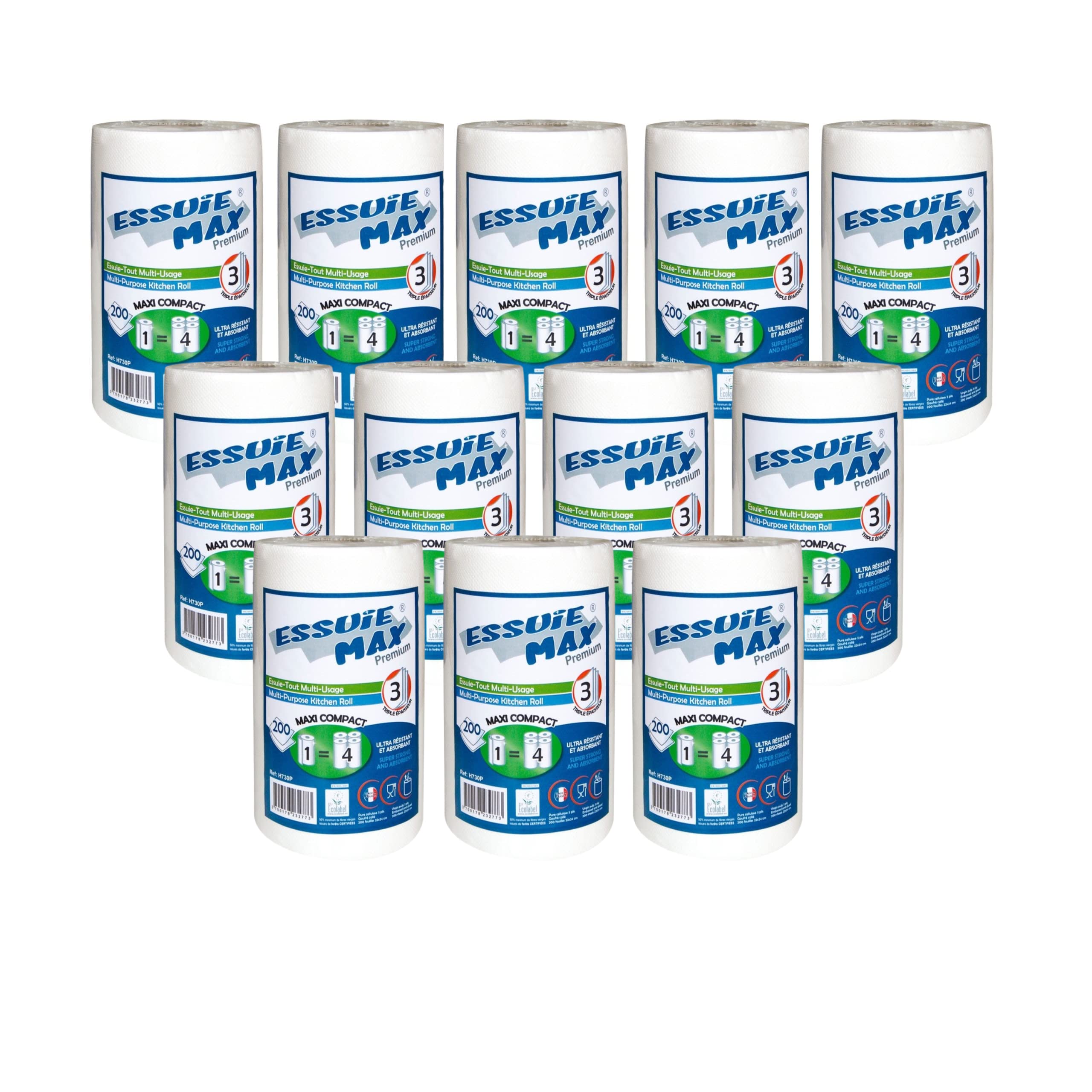 DSTOCK60 - Lot de 12 bobines essuie-tout multi usage maxi compact - 1 Rouleau=4 rouleaux - Bobine essuie main gaufre devidage central - 3 plis pure ouate - Qualité premium - Agréés contact alimentaire