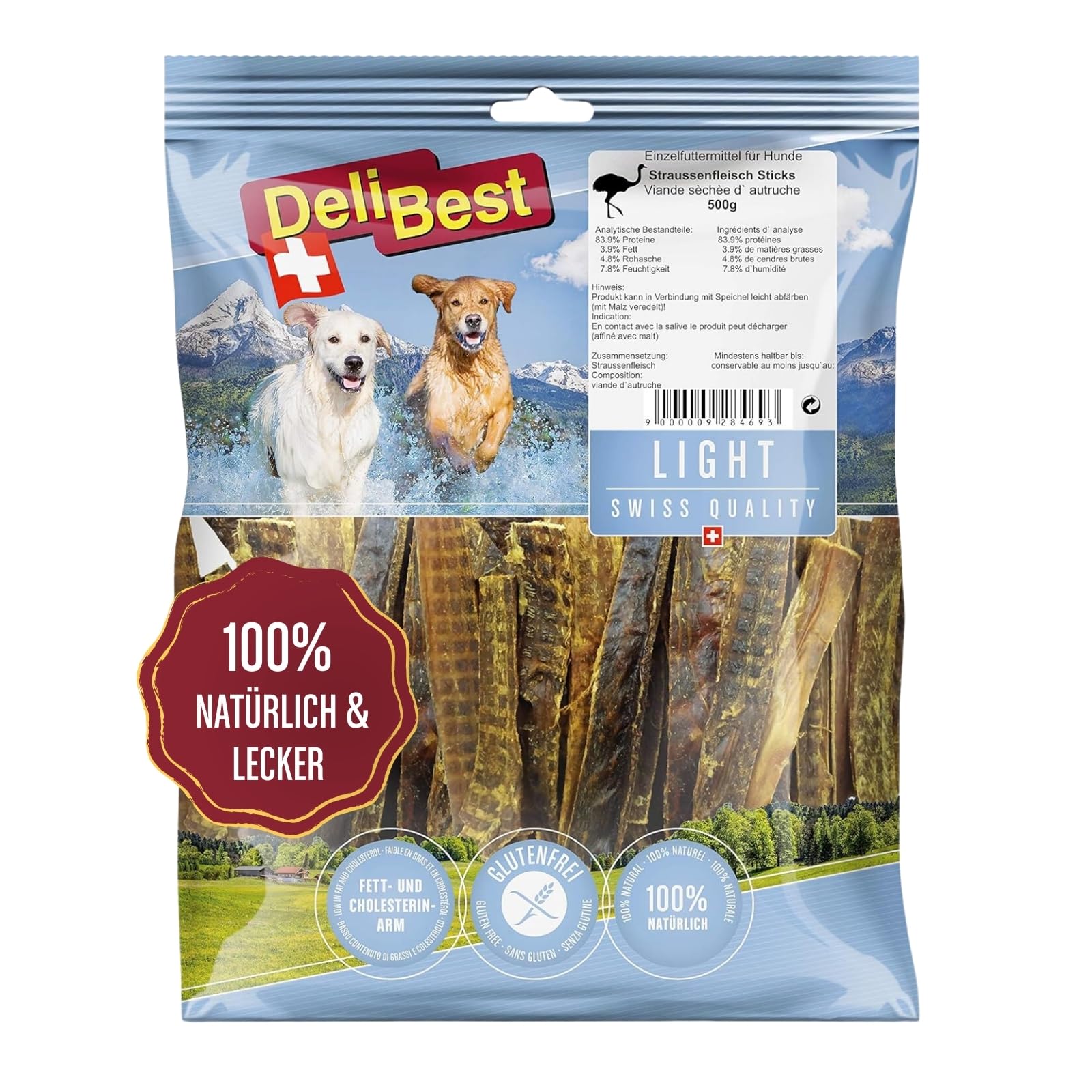 DeliBest Light Straussen Sticks I Straussensehnen für Hunde I Hundeleckerli getreidefrei kalt geformt - schmackhafter Hunde Snack aus frischem Fleisch I 500g