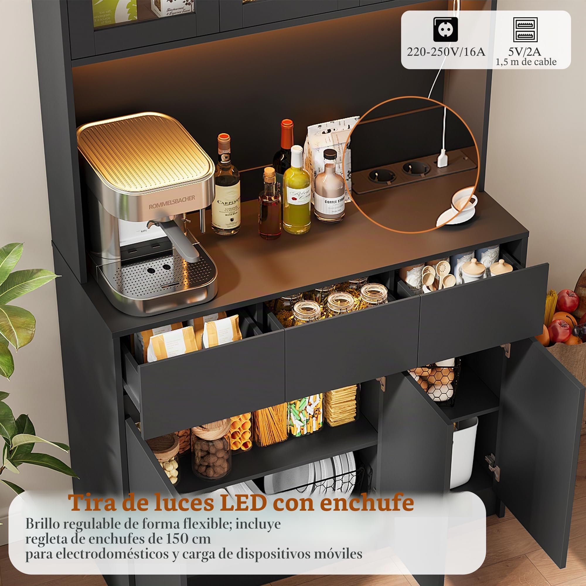 Alacena de Cocina, Armario Despensa Cocina con regleta y Tira de Luces LED, Aparador Comedor con Estantes Regulables (Negro)