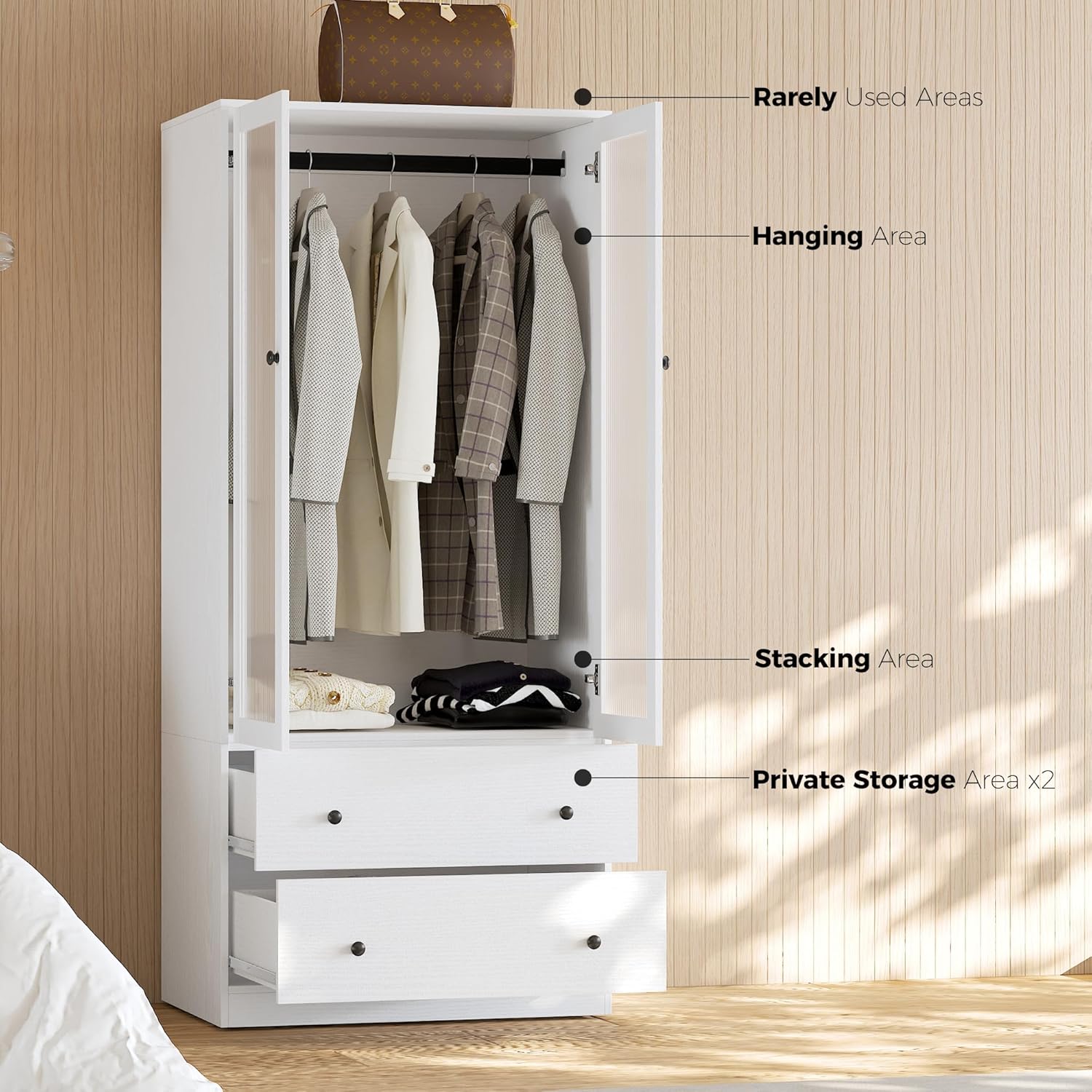 VOWNER 20“D Armoire Wardrobe Closet with Fluted Glass, 71" H Clothing Storage Cabinet with Hanging Rod, 4 Soft-Close Doors Wooden Wardrobe Cabinet for Bedroom, Large Capacity Storage White (AAC)