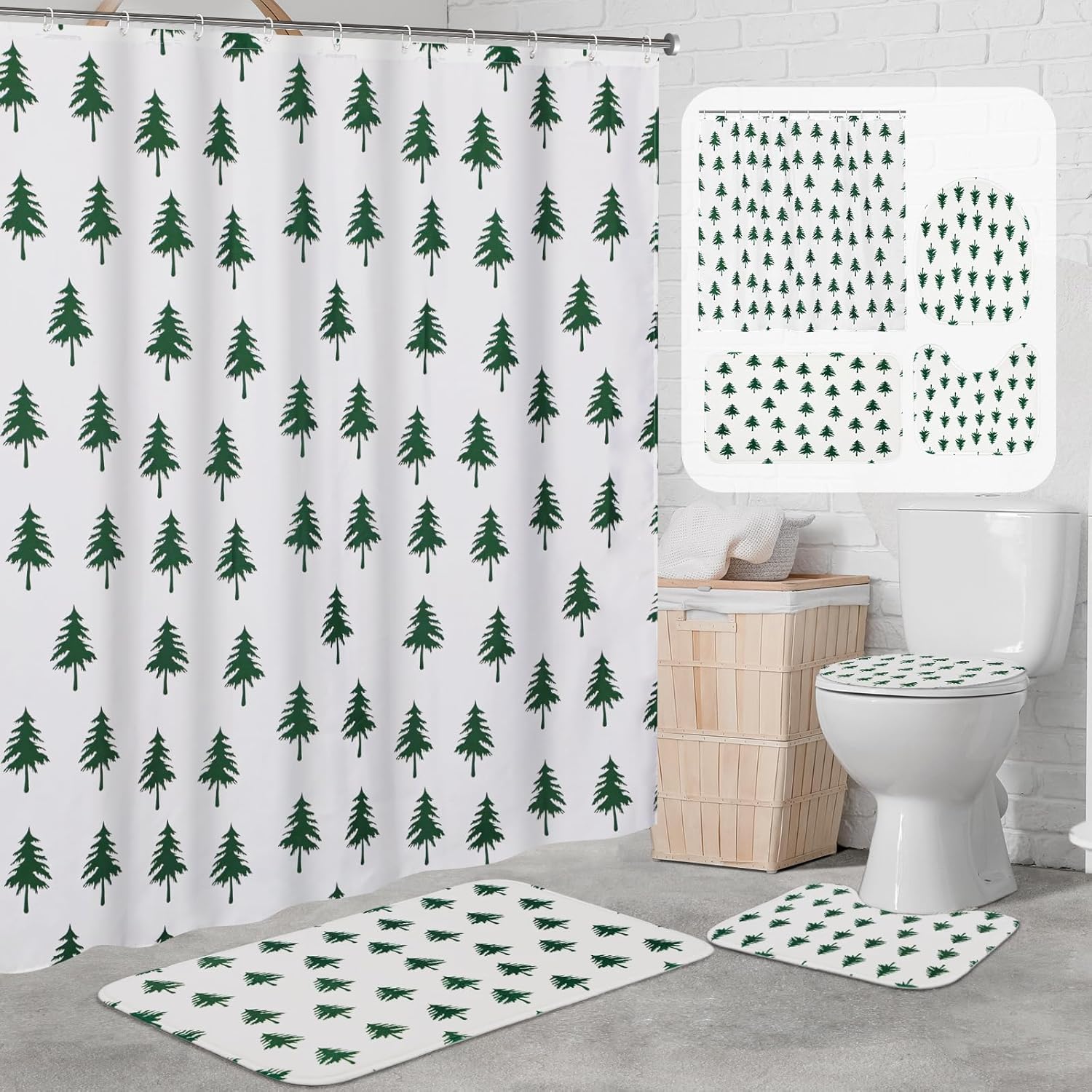 4 Pcs Christmas Tree Shower Curtain Set Neutral Xmas Tree Shower Curtain with Non-Slip Rugs, Toilet Lid Cover and Bath Mat for Winter Forest Christmas Bathroom Decor Accessory Sets(Green)